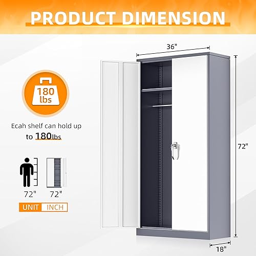 Miniatura 3 de INTERGREAT Armario de almacenamiento de metal con puertas y estantes, gabinete de almacenamiento de garaje de 72 pulgadas con cerradura, gabinete de