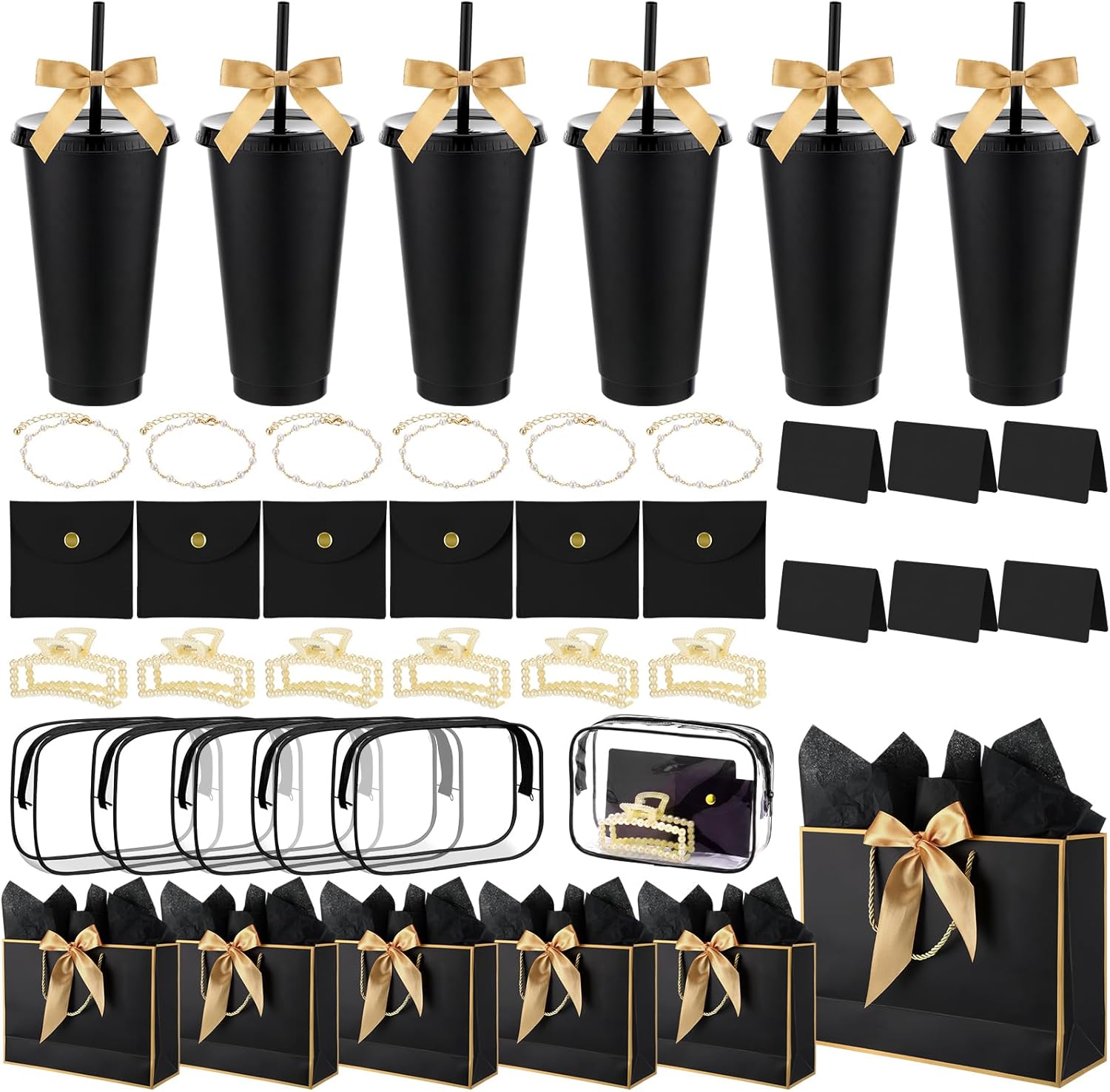 Shinylin 68 Pcs Bridesmaid Proposal Gifts Set Baby Shower Prizes for Winners Adults Bridal Shower Gift Cups Makeup Bag Card Hair Clips Pearl Bracelet Jewelry Bag for Bachelorette Party (Black)