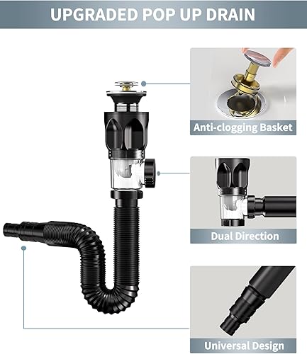 Miniatura 3 de Kit de drenaje de lavabo de baño 2 en 1 mejorado con trampa P flexible, adecuado para tubería de drenaje de PVC de 1-14 o 1-12 pulgadas, drenaje