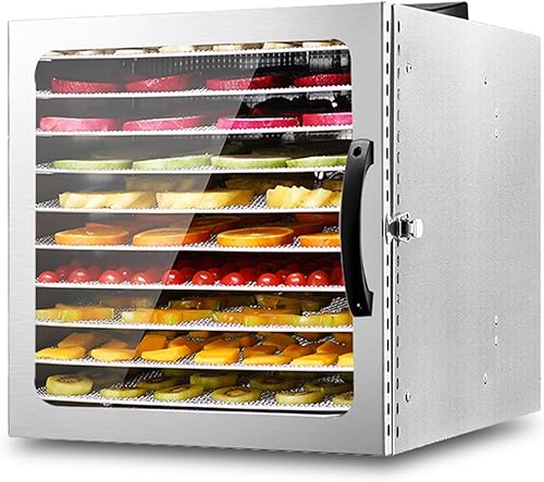 Secador de frutas de 10 capas, máquina deshidratadora comercial de alimentos de acero inoxidable con ventana de vidrio, temporizador ajustable