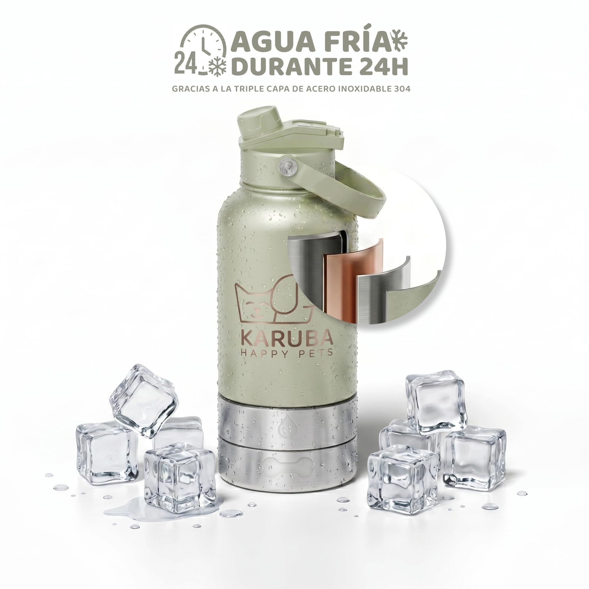 Botella Bebedero Portátil Perro 3 en 1 Acero Inoxidable Premium 1L – Comedero Integrado, Agua Fría 24h, Sin Microplásticos, Boquilla Dual Humano y Perro – Viajes, Senderismo, Playa, Paseos