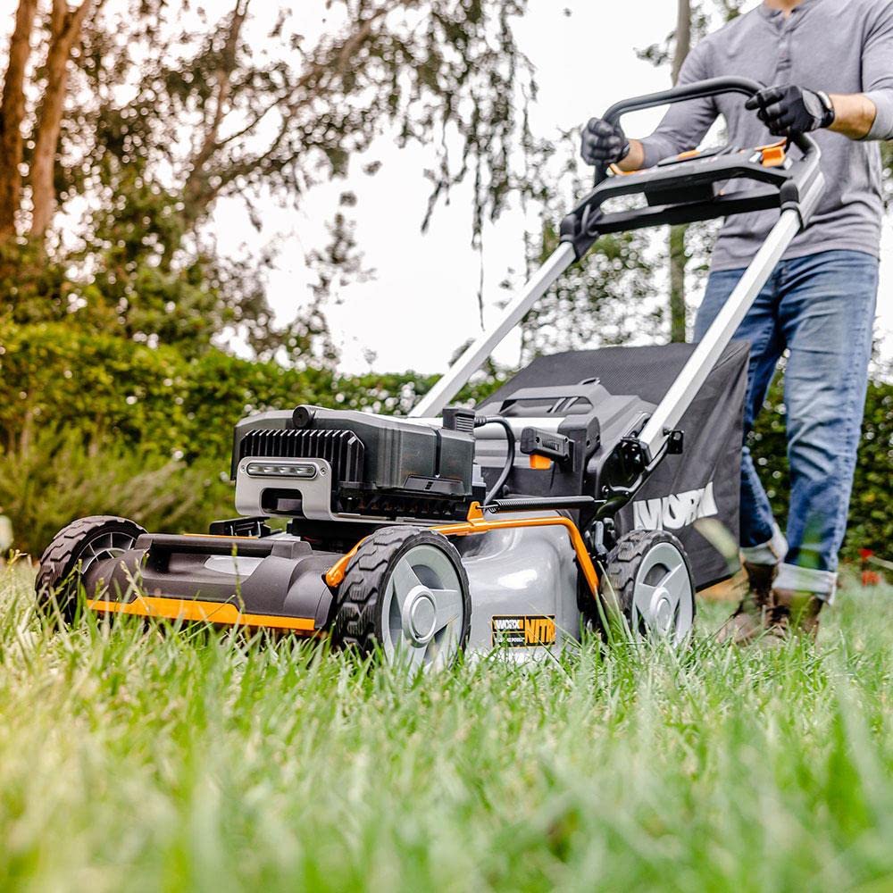 WORX WG761E Profi Akku Rasenmäher 80V, 51cm Schnittbreite | Kraftvoller Bürstenloser Motor, Radantrieb, 7 Schnitthöhen, Einhand-Schnitthöhenverstellung, inkl. 4x4Ah Akkus & Powerbank