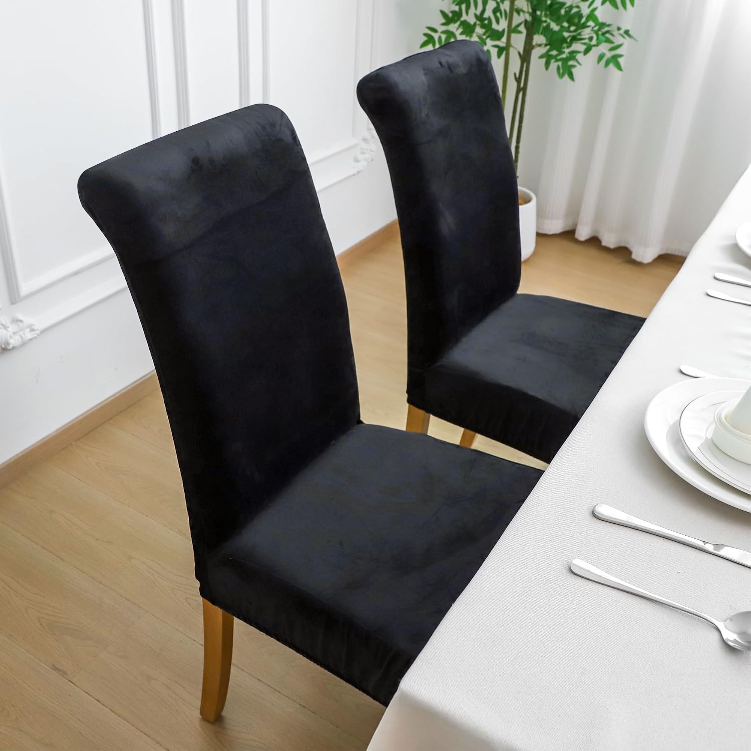 FORCHEER Velvet Chair Covers for Dining Chairs 4 Pack Black Stretch Kitchen Chair Slipcovers Washable Removable