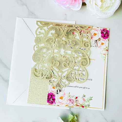 Miniatura 5 de Hosmsua Kit de 50 invitaciones de boda de oro champán de 5 x 7.3 pulgadas, bolsillo hueco con diamantes de imitación rosa con sobre para boda,