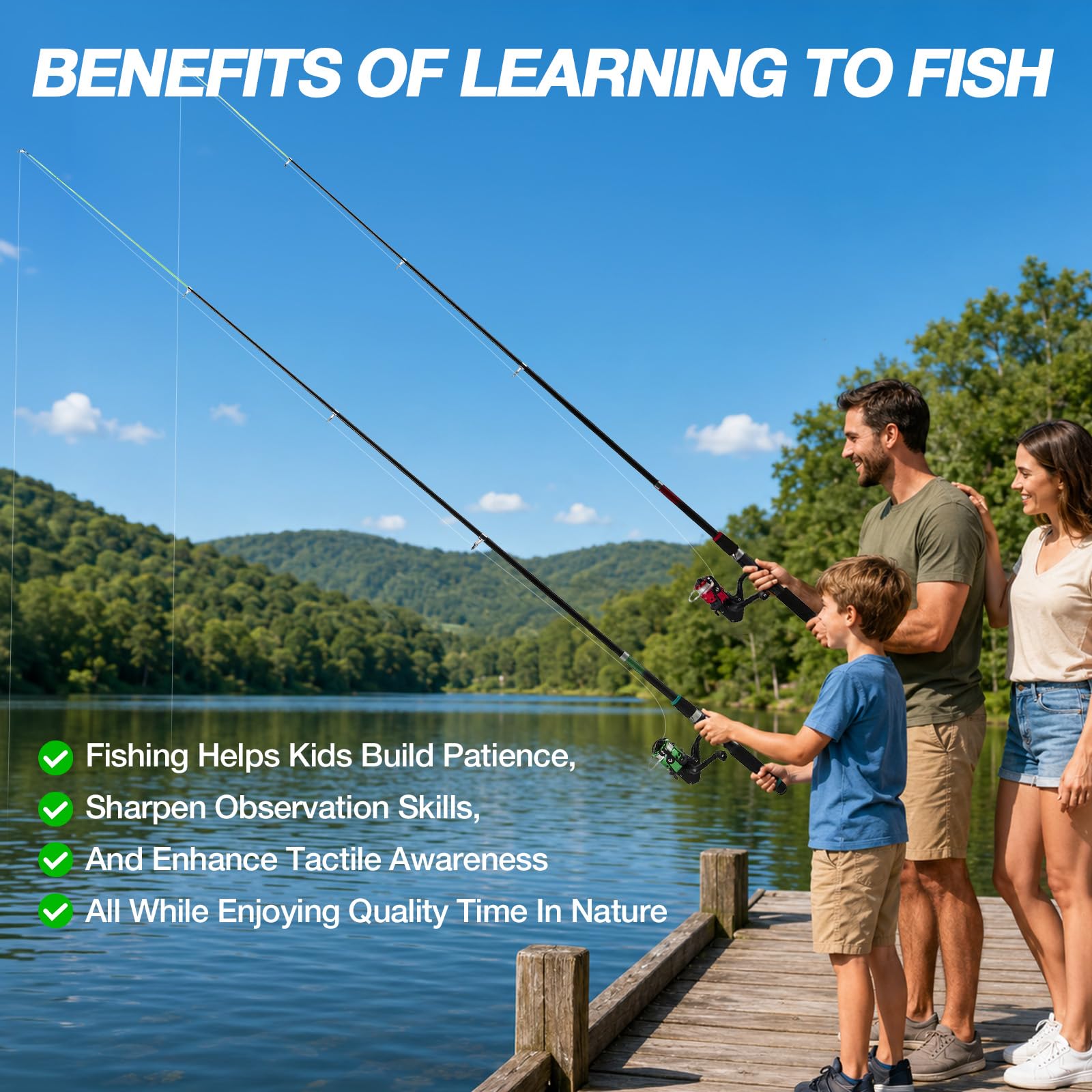 Juego de pesca para niños, 3 unidades de 1,8 m con caña de pescar telescópica de fibra de carbono, carrete giratorio 5.2:1, cebo y bolsa de transporte, juego completo para principiantes para niños y