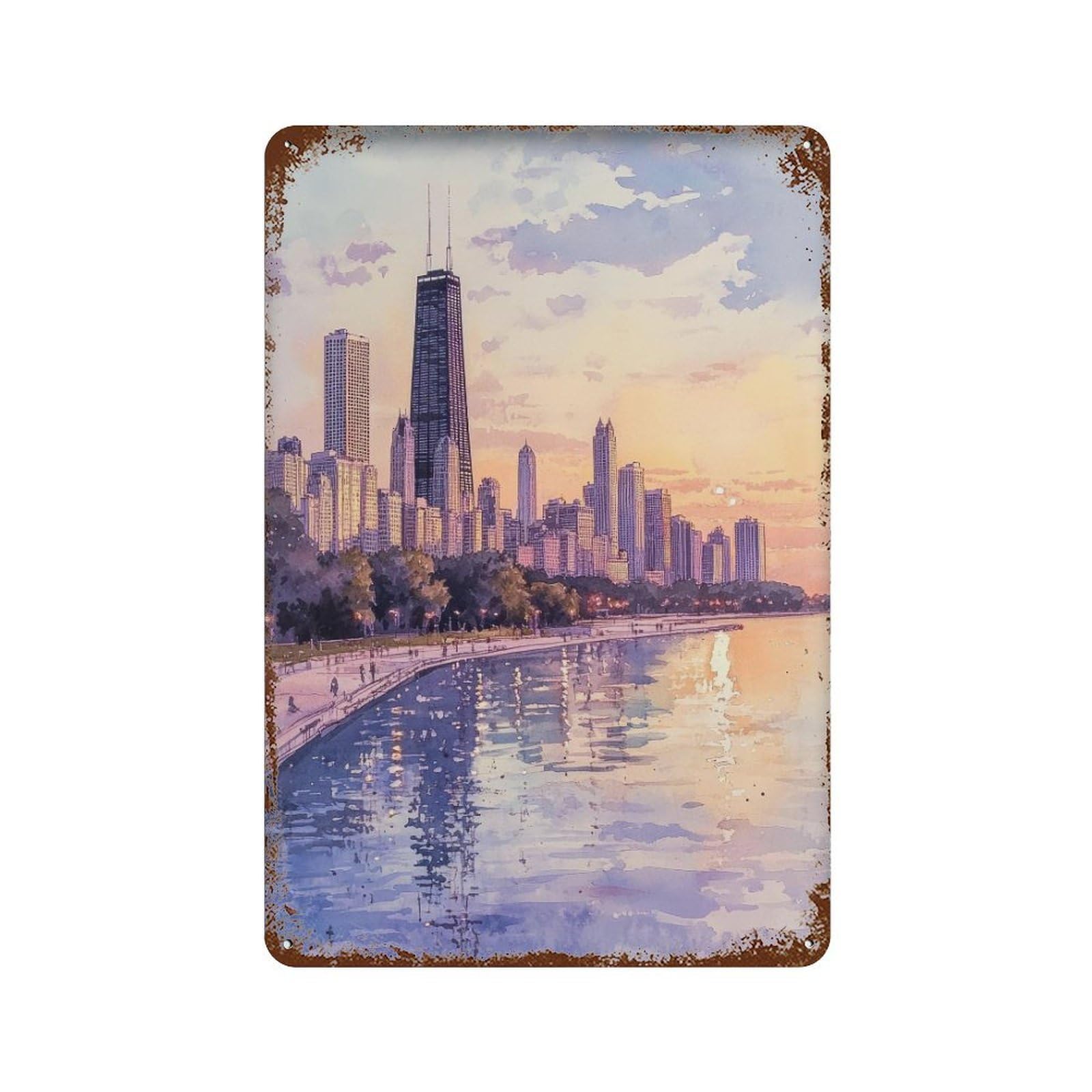 xiaoxiaoshen Chicago Skyline Cityscape Illinois Travel Architecture Wall Decor Art Metal Tin Poster Modern Home Decor Art Home Bar Shop Decorations Vintage Sign 30x20cm