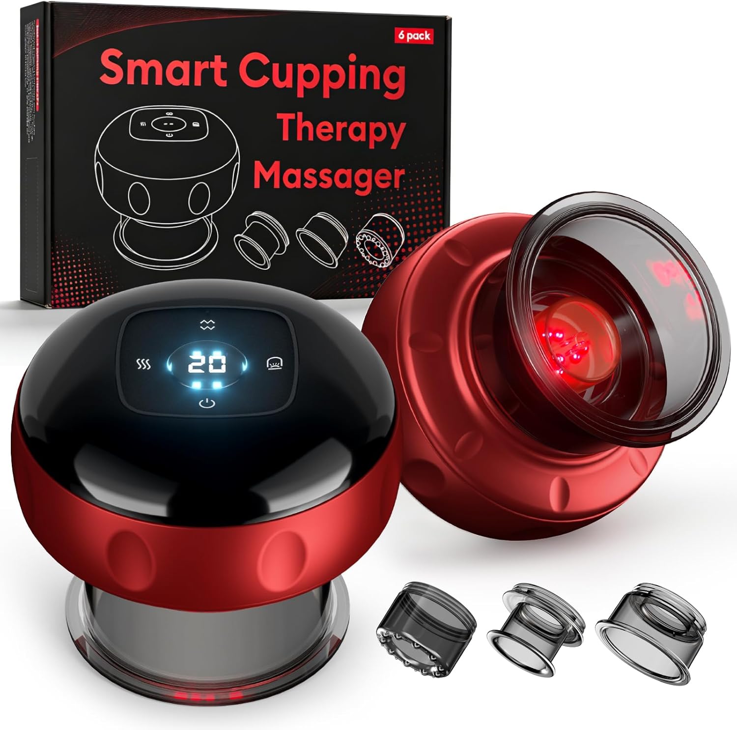 6 Pack Smart Cupping Therapy Massager, 7 in 1 Red Light Cupping Therapy Set with 2 Modes for Targeted Pain Relief, Muscle Soreness,Tighter Skin,Cupping Kit with 12 Levels Suction and Heat