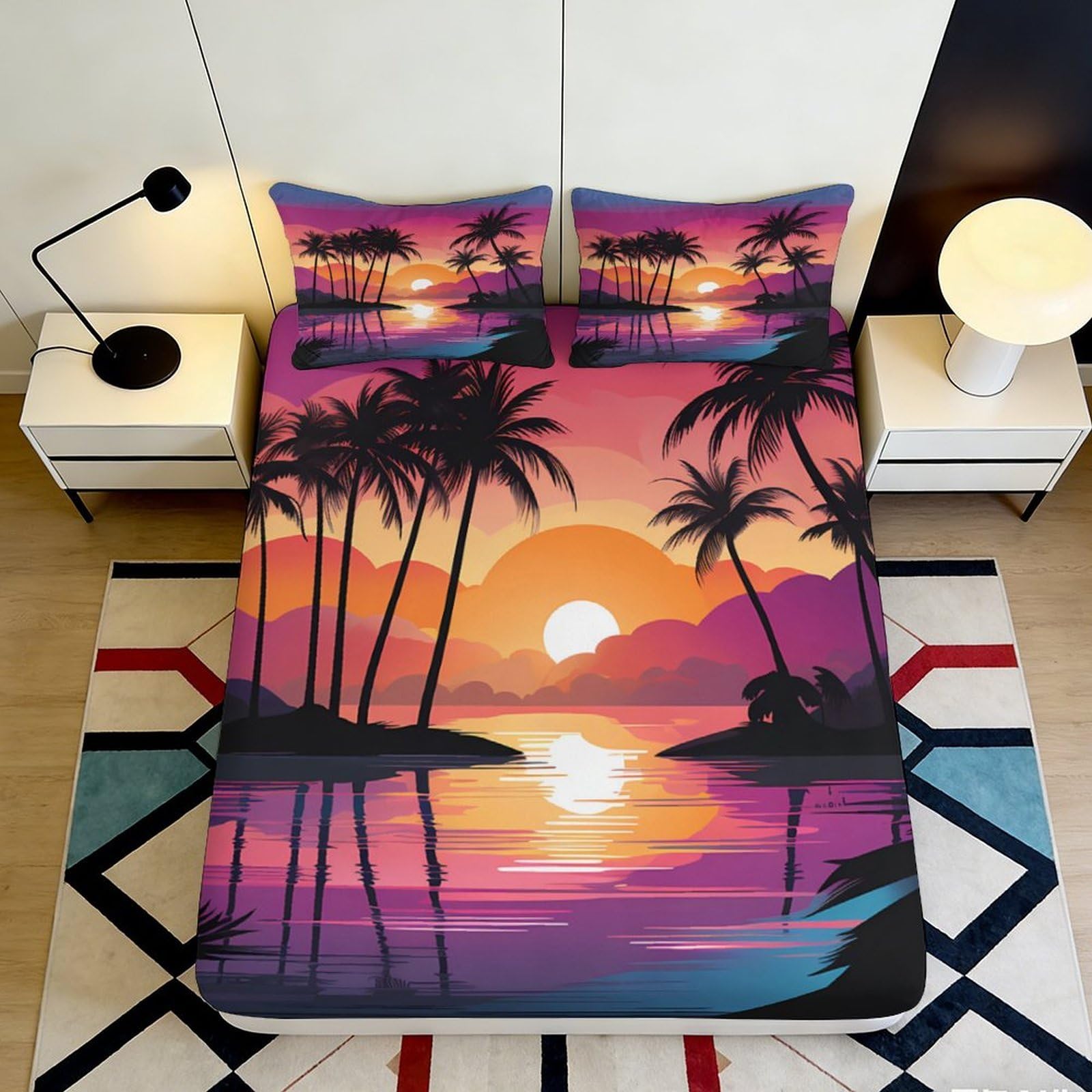 3D Printed Sunset Palm Trees Fitted Sheet Microfiber Soft Breathable Tropical Beach Mattress Cover for Bedroom Dormitory Guest Room Mattress Protection 120x200x25cm