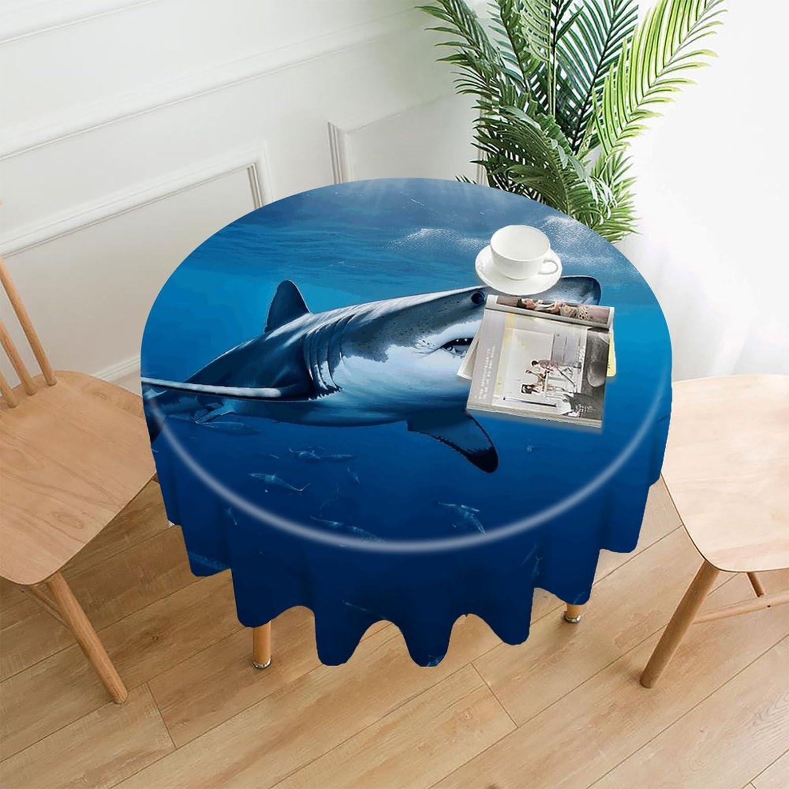 MUSM 60 Inch Ocean Sea Animal Shark Round Tablecloth Wipeable Washable Table Cover for Kitchen and Dining Room Decorative Table Cloth for Party Holiday Picnic Outdoor