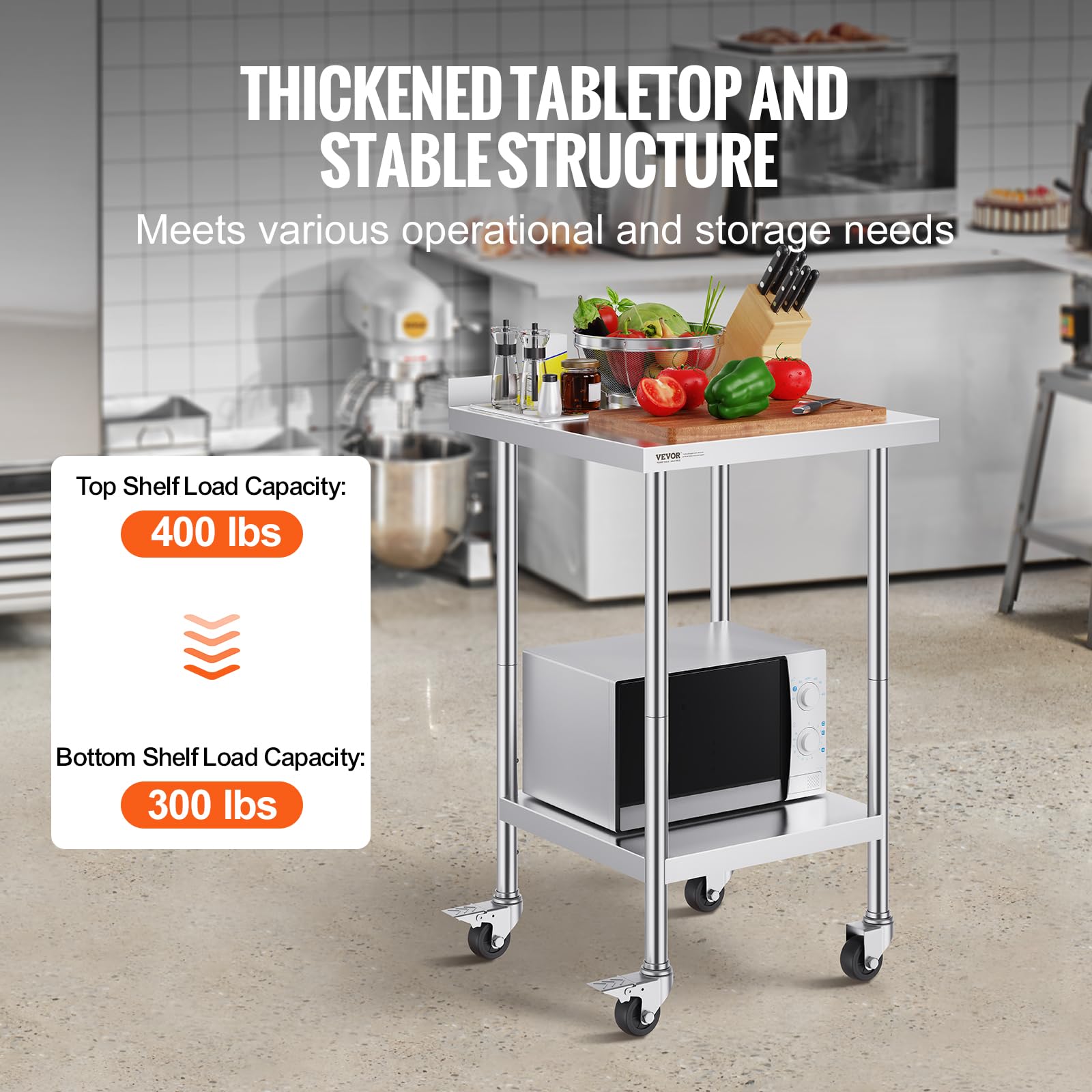 VEVOR Tavolo da Lavoro in Acciaio Inossidabile 610 x 610 x 1005 mm, con 4 Ruote, 3 Livelli di Altezza Regolabili, Tavolo Resistente per Preparazione Alimenti Ristoranti Cucina Commerciale, Argento