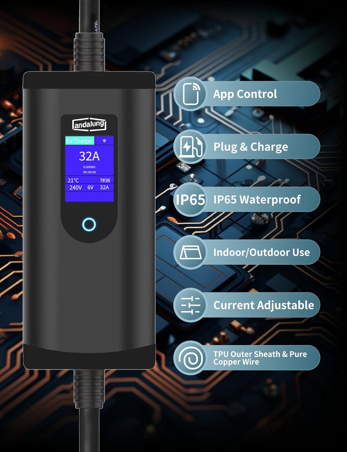 Level 2 EV Charger 32A with NEMA 14-50 Plug & 5-15P Adapter, 25ft Cable, Portable J1772 EVSE, Adjustable 6–32A, APP Control, Electric Vehicle Charging Station, Black