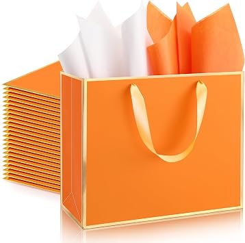 ReliThick 12 Pack Metallic Paper Gift Bag with Handles and Tissue Paper 11.8 x 10 x 4 Thank You Favor Bag for Graduation Mothers Day Wedding Bridesmaid Groomsman 5 Senses Gifts Orange,Gold