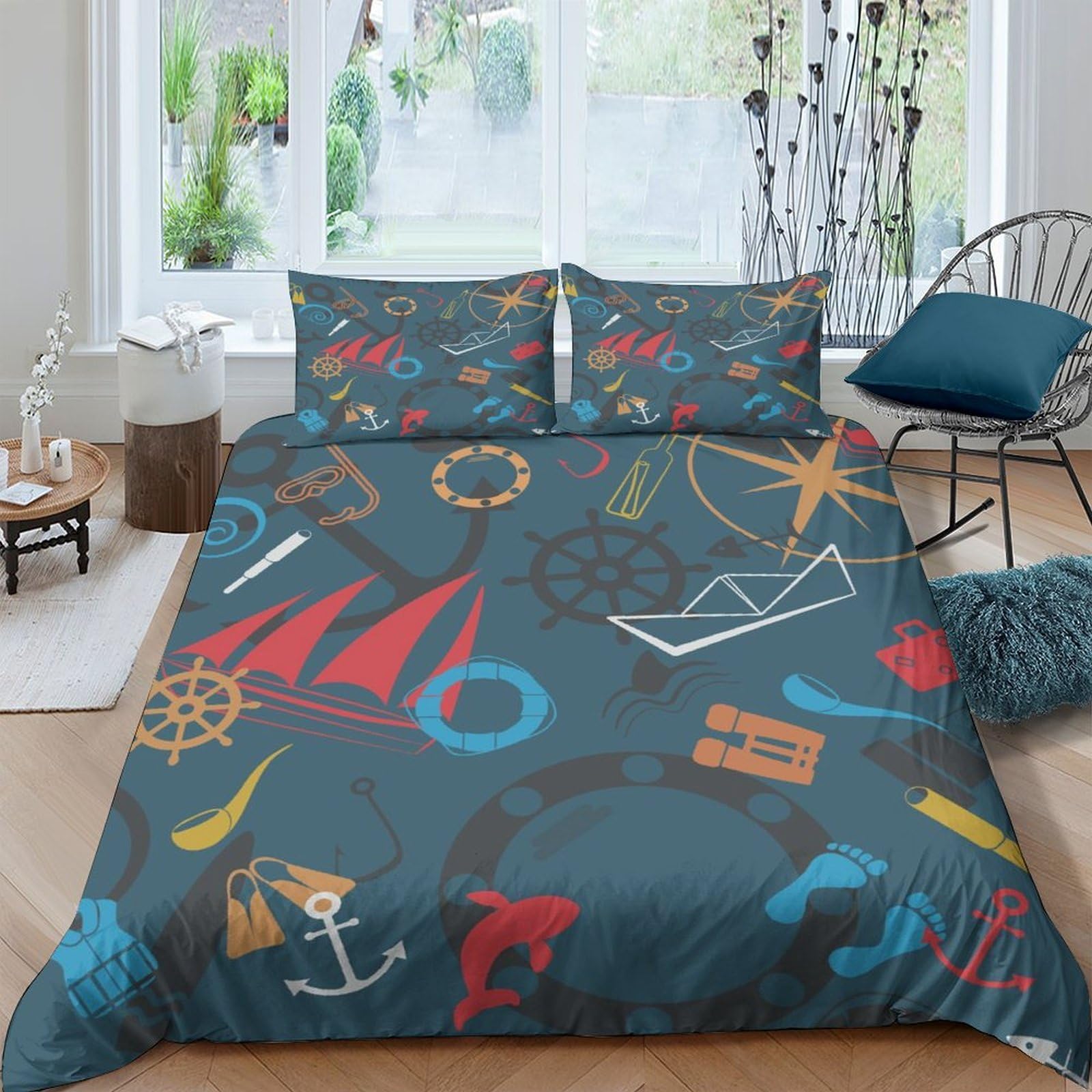 Ctjqhvkz Style-8 3D Printed Nautical Sailboat Fitted Sheet Microfiber Soft Breathable Anchor Bed Cover For Bedroom Guest Room Decor Single（135X200cm）