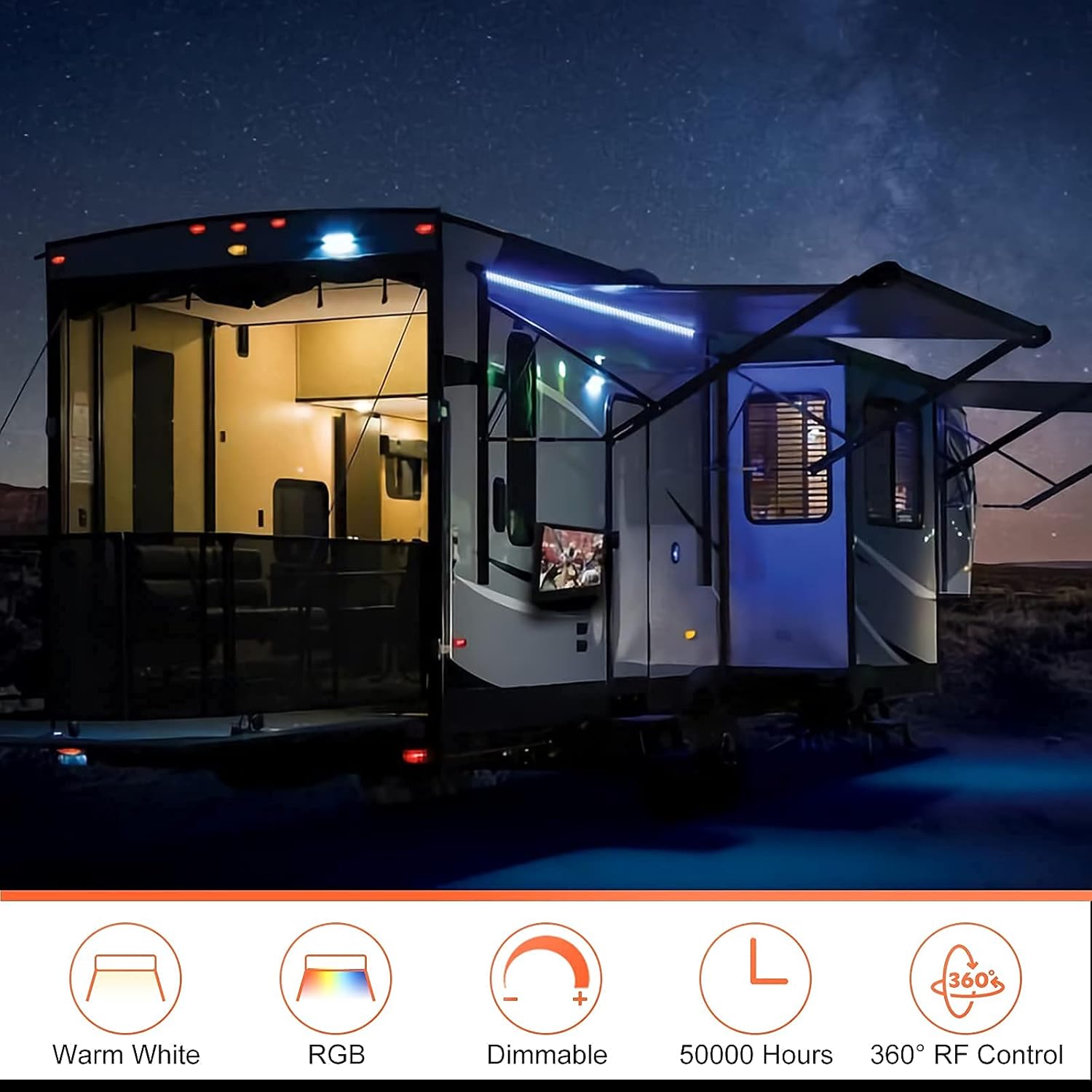 WELLUCK RV LED Camper Awning Lights, 12V LED Light Strip Exterior Lighting Fixture for RV Camping Canopy Motorhome Travel Trailer Bundle with 2V Interior LED Light Bar : Automotive