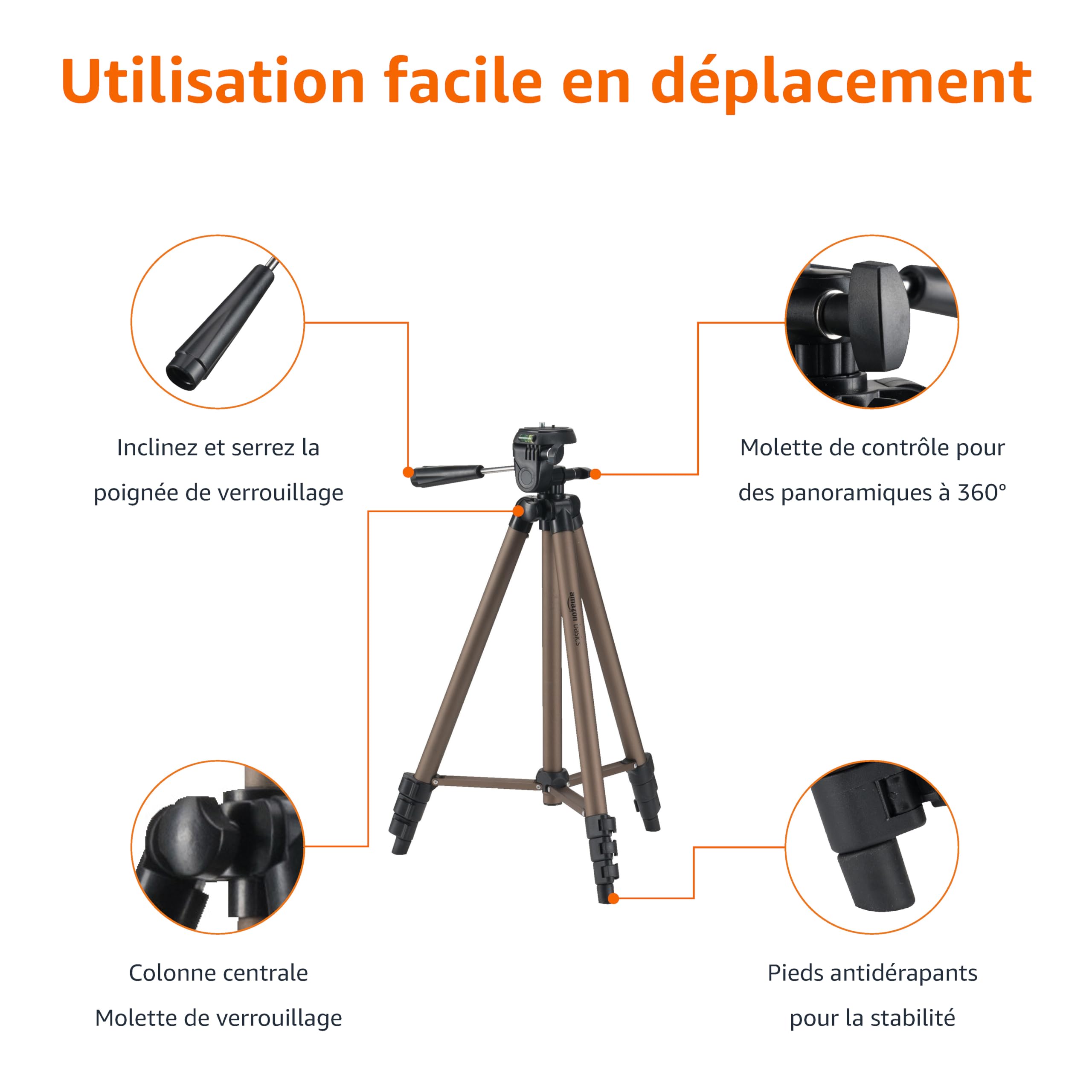 Amazon Basics Trépied 127,0cm pour Appareil Photo Reflex Numérique, Léger, avec Sac, Hauteur Réglable, Champagne