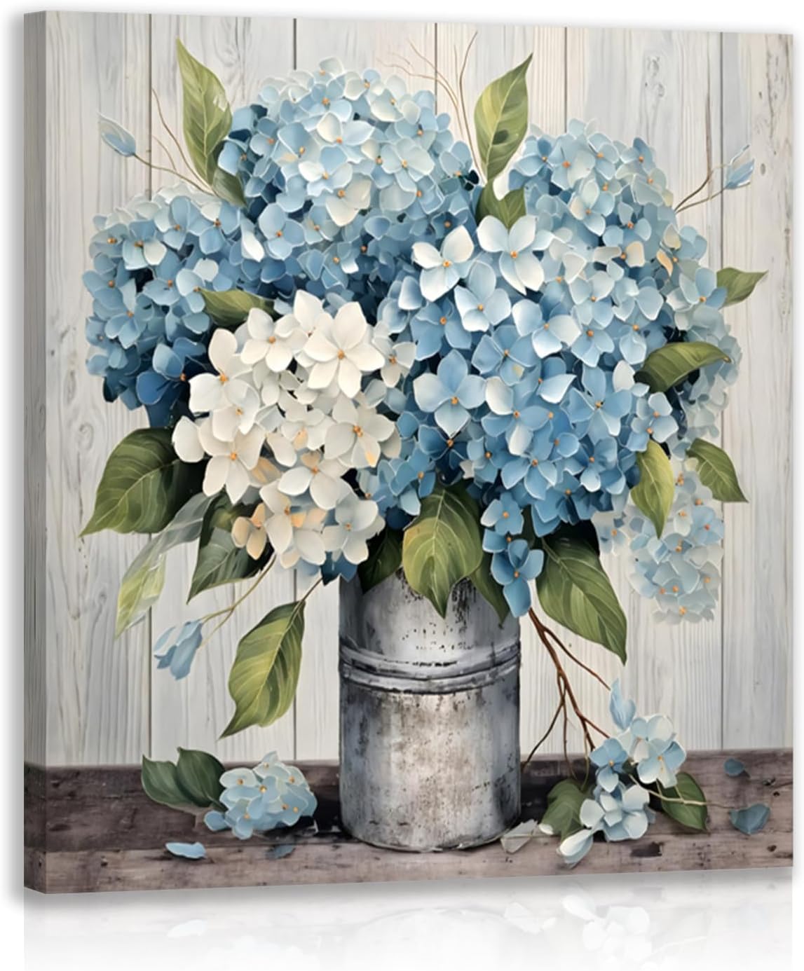 IAFWZX Framed Blue Hydrangea Wall Art, Vintage Farmhouse Flowers Wall Decor, Farmhouse Floral Canvas Painting, Nature Botanical Aesthetic Picture for Bathroom Living Room Ready to Hang 20"x20"