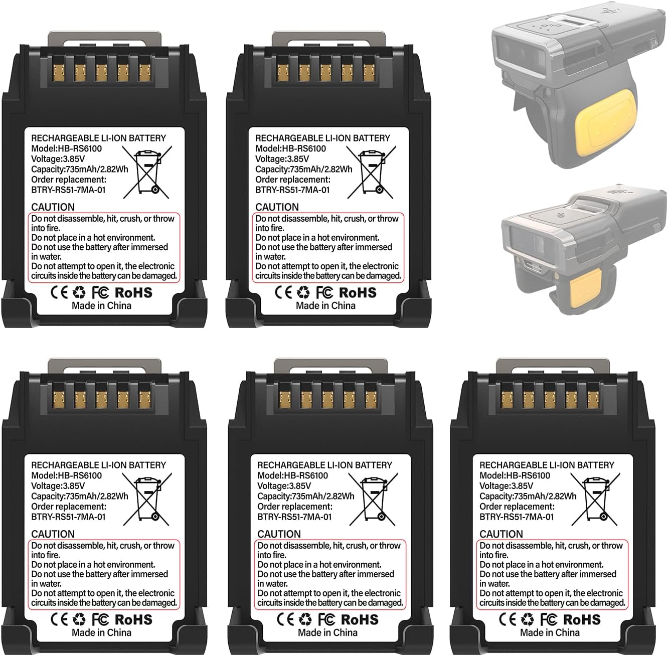 5-Pack 735mAh Replacement Lithium Battery for Zebra RS6100 Ring Scanner, BT-000398 Compatible with RS51 RS5100 RS51B0 RS51C0, RS61 RS61B0 RS61C0, BT-000397, RSBT5 Series, BTRY-RS51-7MA-01