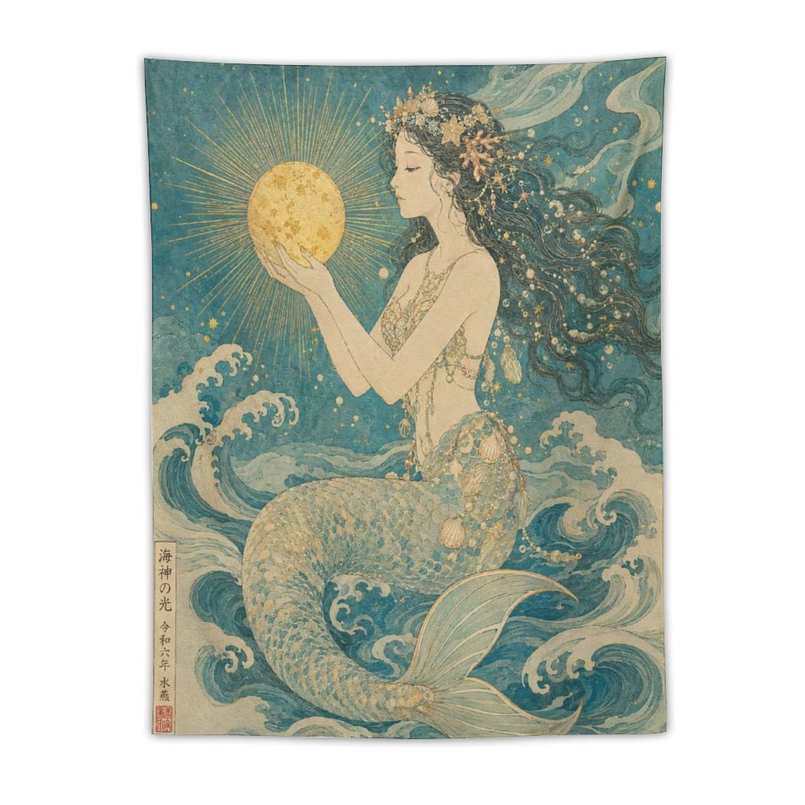 W7C8U2X3 Mermaid Holding Moon Wall Tapestry, Art Nouveau, College Dorm