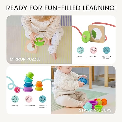 Miniatura 4 de Tiny Land Montessori - Juego de juguetes para bebés de 7 a 9 meses, kit de juego de sensores - Juguetes de aprendizaje de madera 5 en 1 con caja de