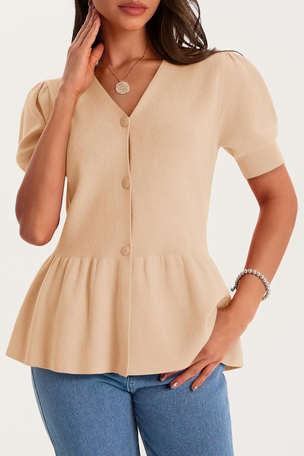 Cicy Bell Womens Short Puff Sleeve Sweater Cardigan V Neck Summer Button Down Sweaters Peplum Cute Knit Babydoll Tops - Image 6