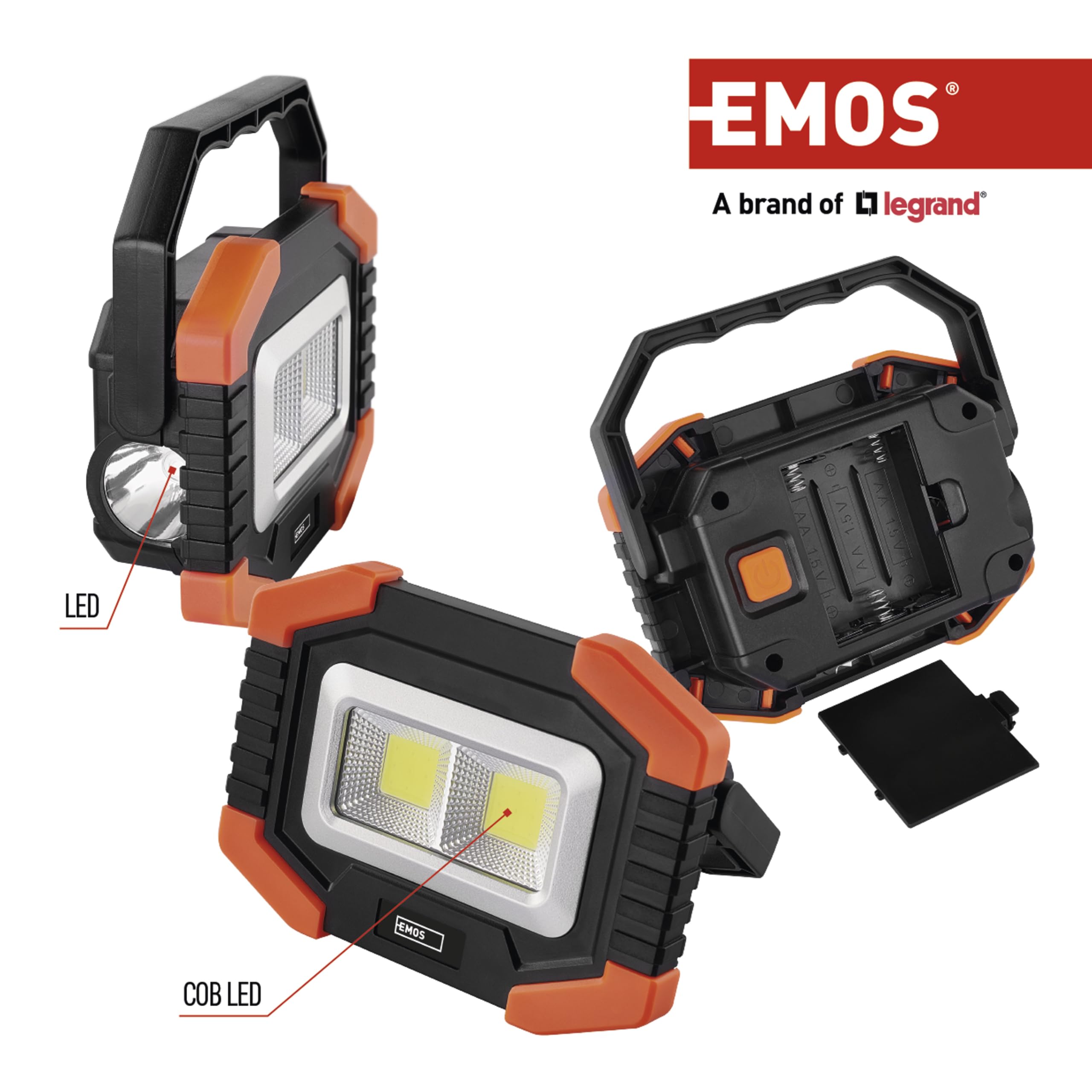 EMOS Lampa robocza LED, mały, przenośny reflektor roboczy, jasność 350 lm, zasięg świecenia 110 m, 2 tryby świecenia, zasilanie bateryjne, czas świecenia do 20 godzin, obrotowy uchwyt