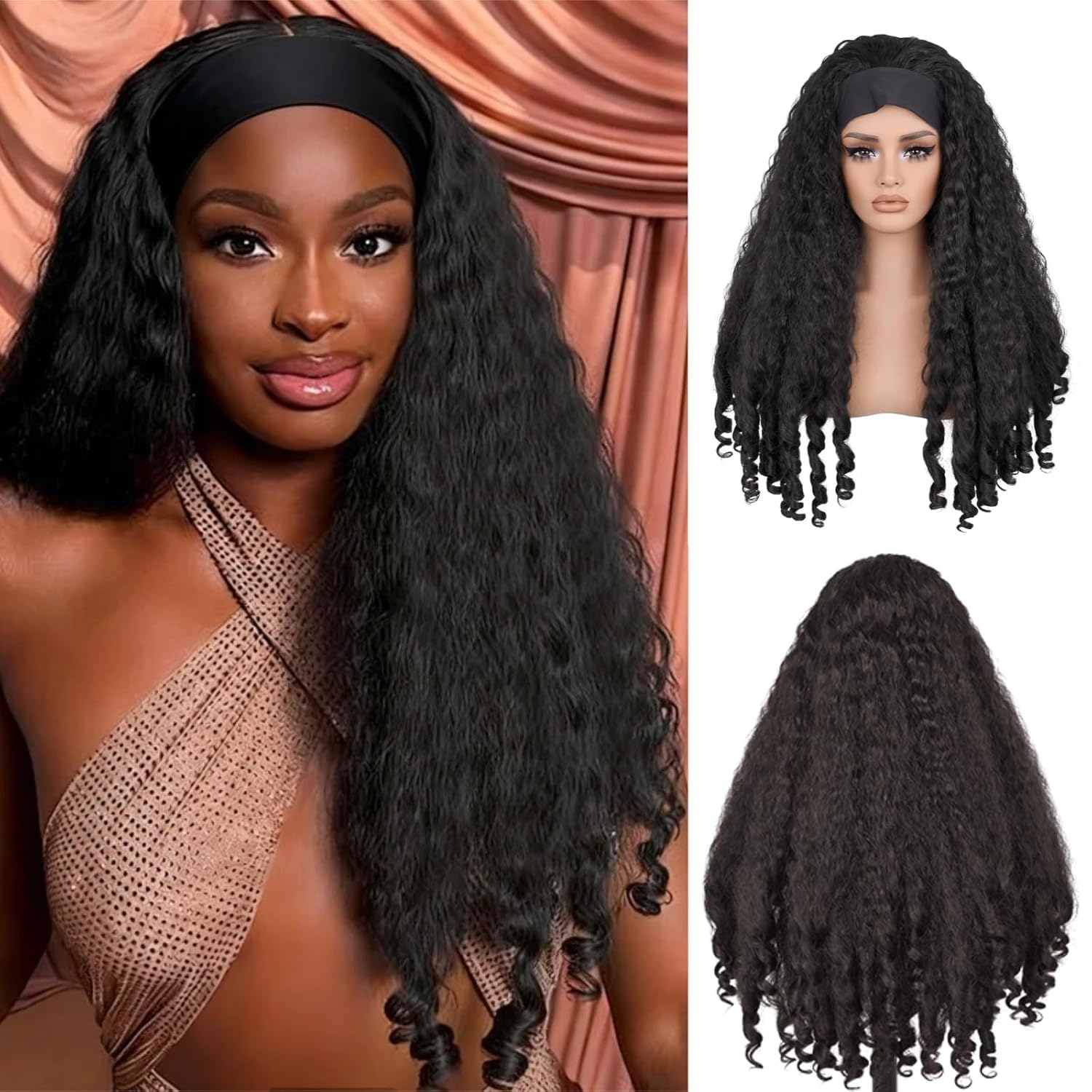 Afro Curly Headband Wig Half Wig Kinky Curly Wigs for Black Women, 180% Density Wear and Go Glueless Wig with Unique Bouncy Curls in the End, Synthetic Hair Headband Wigs(Natural Black #2, 24 Inch)