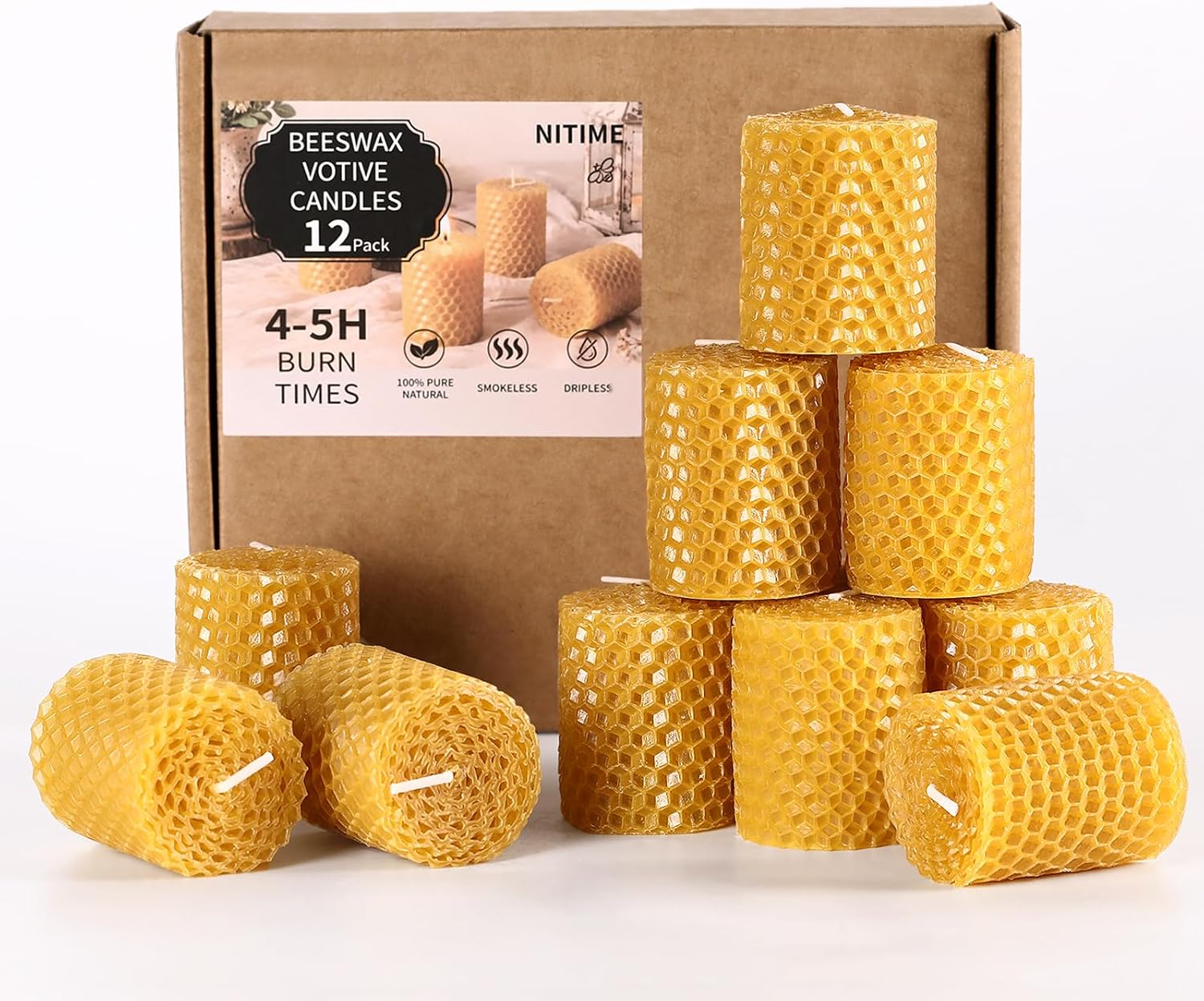 NITIME 20 Pack Beeswax Votive Candles, 100% Natural Hand-Rolled Beeswax Candles, 1.7" x 2" Small Pillar Candles for Home, Yoga, Meditation, Long-Lasting 4-5 Hour Burn Time, Eco-Friendly & Smokeless