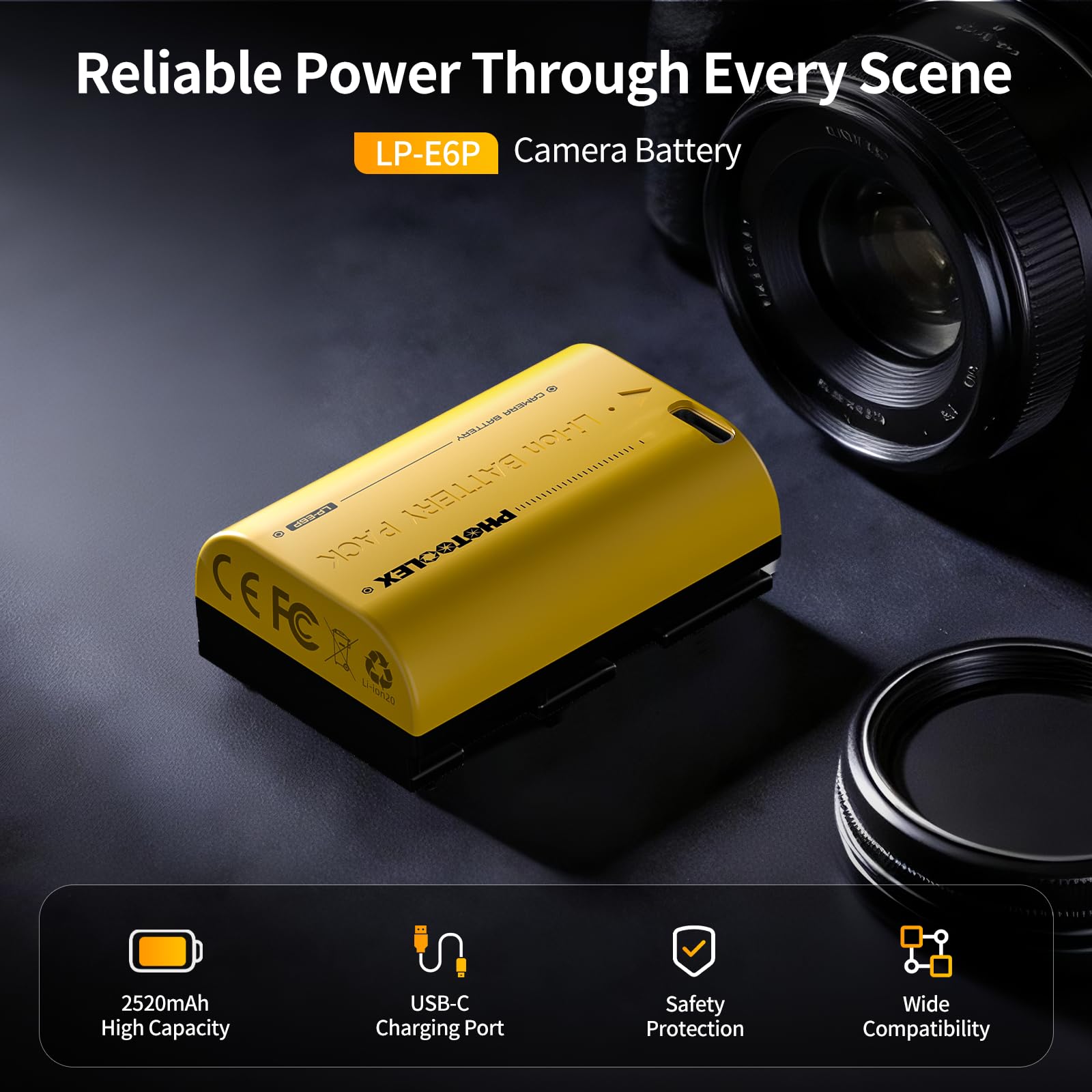 PHOTOOLEX LP-E6P Batterie, 2520mAh Batterie Rechargeable pour Canon avec Port USB-C, Compatible avec Canon EOS R6 Mark II/R5 Mark II/R/R7/R6/R5/C50/5D Mark III et IV/5DS/6D/6D Mark II/7D/80D et 90D