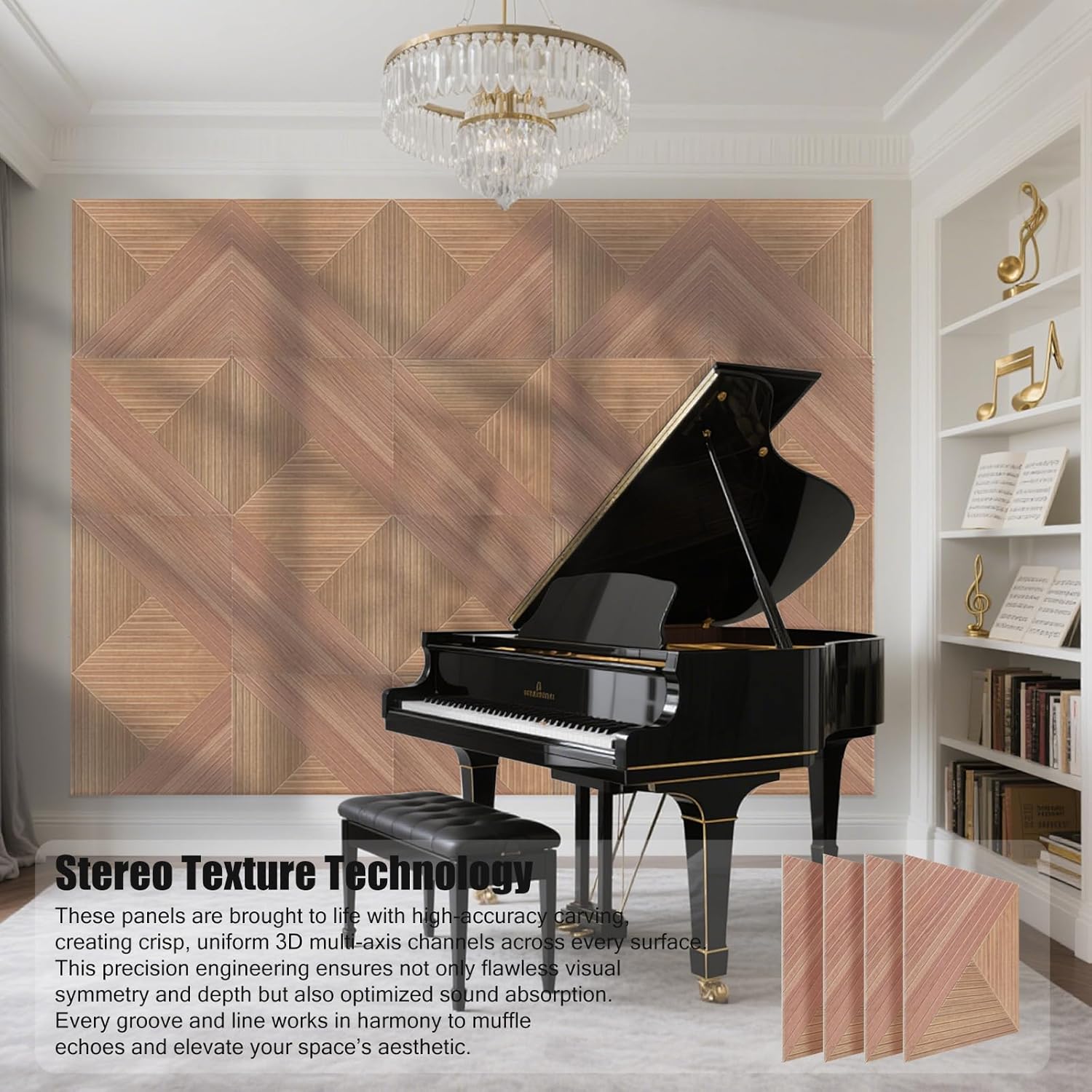 Focusound 8 Pack Acoustic Wall Panels 23.62"x23.62", Art Sound Absorbing Panels with Self-Adhesive Backing, Decorative Wood Acoustic Panels for Home Theater, Studio, Office & Living Room.
