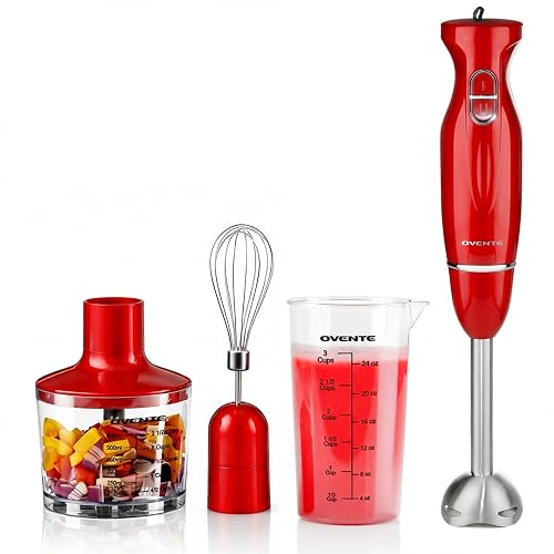 OVENTE Electric Hand Blender Set 2 Mixing Speeds 300W Red HS565R
