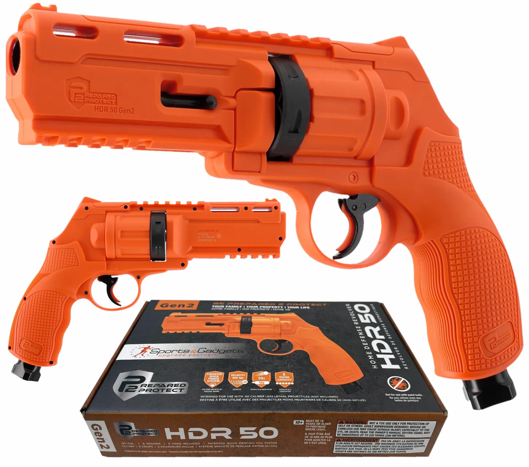 Umarex T4E P2P HDR 50 GEN 2 Self & Home Defense, Less Lethal .50 Caliber Paintball Pistol Limited Edition (Orange, 13J) w/Case, 5xMag, 5xCO2 Tanks | 100x .50 Cal Black Rubber Balls Wearable4U Bundle