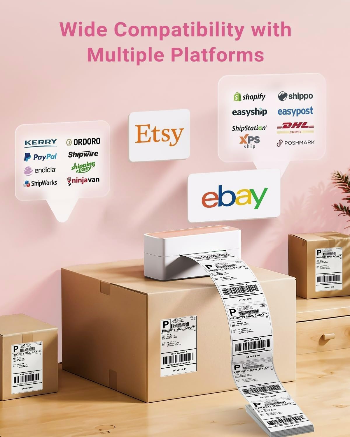 Bluetooth Thermal Label Printer 4X6 - Wireless Shipping Label Printer for Small Business & Packages - Pink Thermal Label Printer Shipping Label Makers, Compatible with iPhone, USPS, Etsy, Amazon