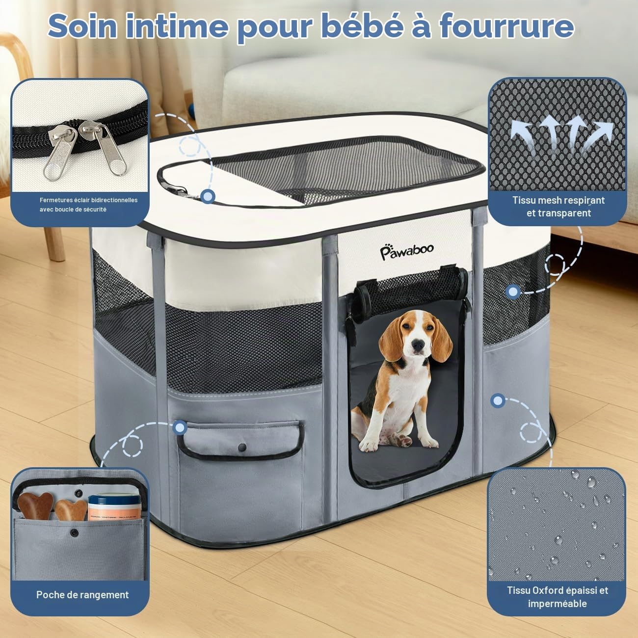 Pawaboo Parc Portable pour Chien en Tissu Oxford 600D, Gris | Parc pliable avec fenêtres en maille, portes enroulables, sac de transport et gamelle pliable, 89 × 71 × 61 cm(L)