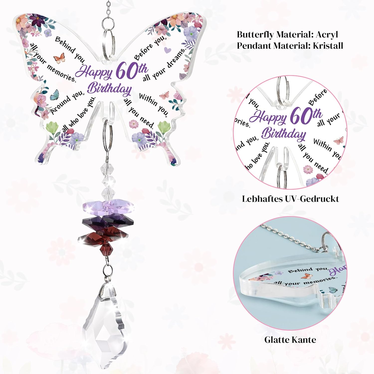 Funnli 60th Birthday Gifts for Women Crystal Suncatcher, 60th Birthday Decorations for Woman, 60 Year Old Bday Gift for Friends Sister Mom Grandma Window Hangings Home Decoration