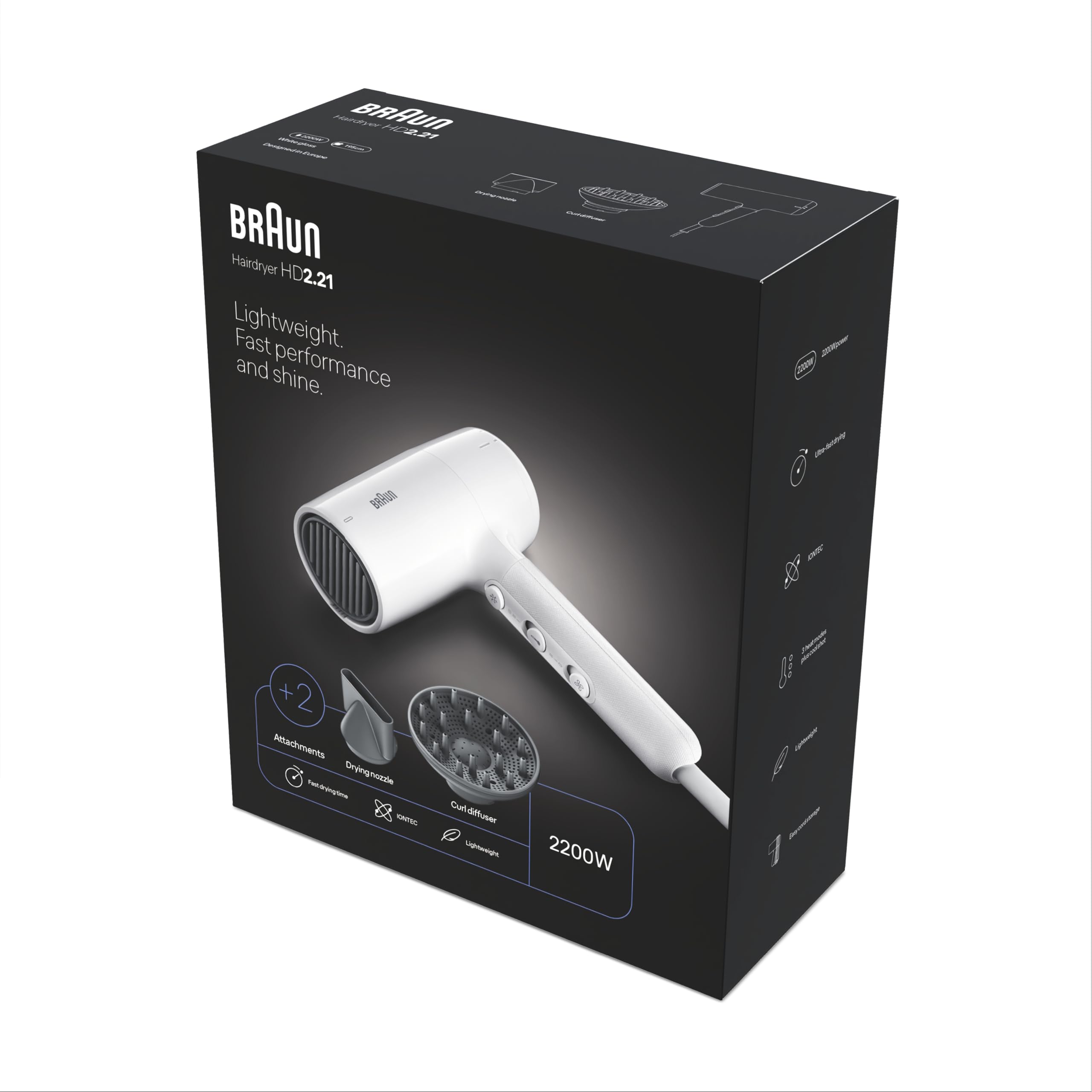 Asciugacapelli Braun HD2.21, potente con diffusore e concentratore, Tecnologia IONTEC, motore da 2200W, 3 temperature e 2 velocità, bianco, BRHD235E