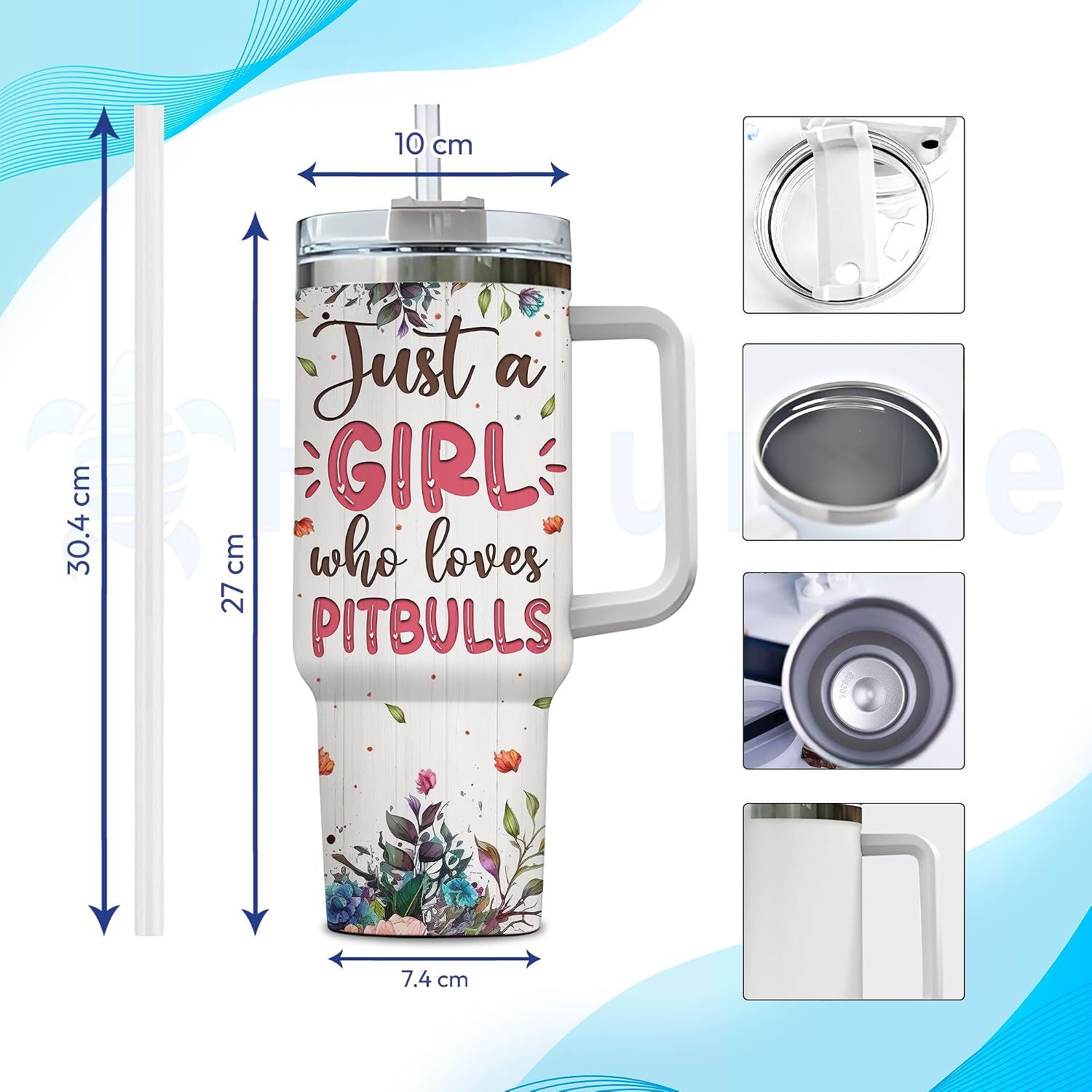 Hyturtle Personalized Gifts For Pitbull Lover Tumbler 40oz with Handle and Straw - Stainless Steel Travel Coffee Cup With Lid - Cute Dog Lover Gifts For Women, Girl On Birthday Christmas