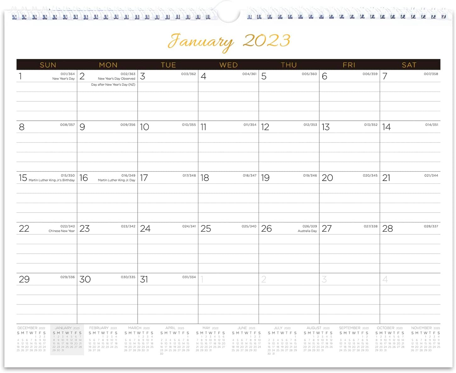 Calendar 2023: Monthly Wall Calendar with Julian Date, Major Holiday, Thick Paper, Twin-wire Binding, Great for Planning & Organizing, 12 Months hanging calendar from January 2023 to December 2023, Size 14.5” x 11.5”