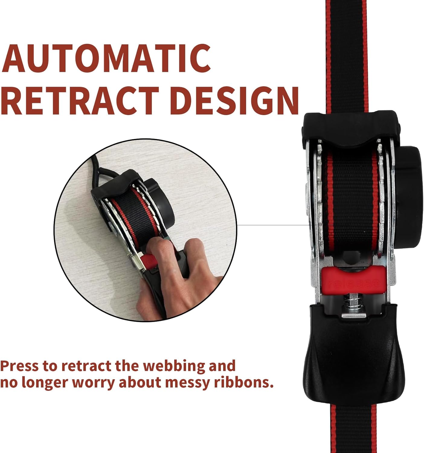 Lekarf Ratchet Straps, Retractable Ratchet Tie Down, 2PC Pack 1” x 12' with Breaking Load of 1200Lbs, 2 Loop Straps and Storage Bag for Motorcycle, ATVs, Boats, Hauling, Cargo Secure - Image 3