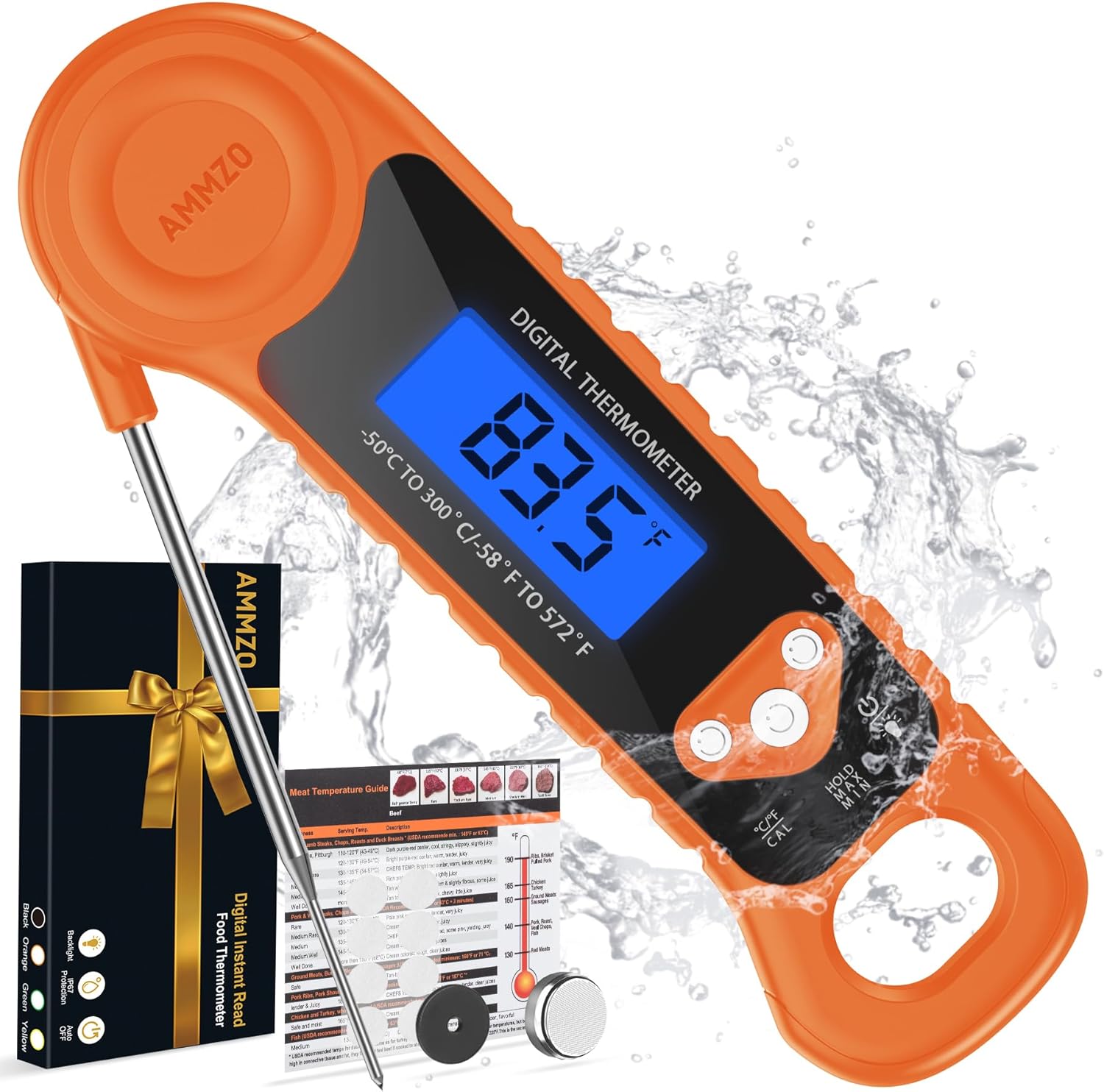 Digital Meat Thermometer for Grilling, Candy Thermometer Instant Read Food Thermometer Waterproof with Backlight for Cooking, Deep Fry, BBQ, Grill, Smoker and Roast (Orange)