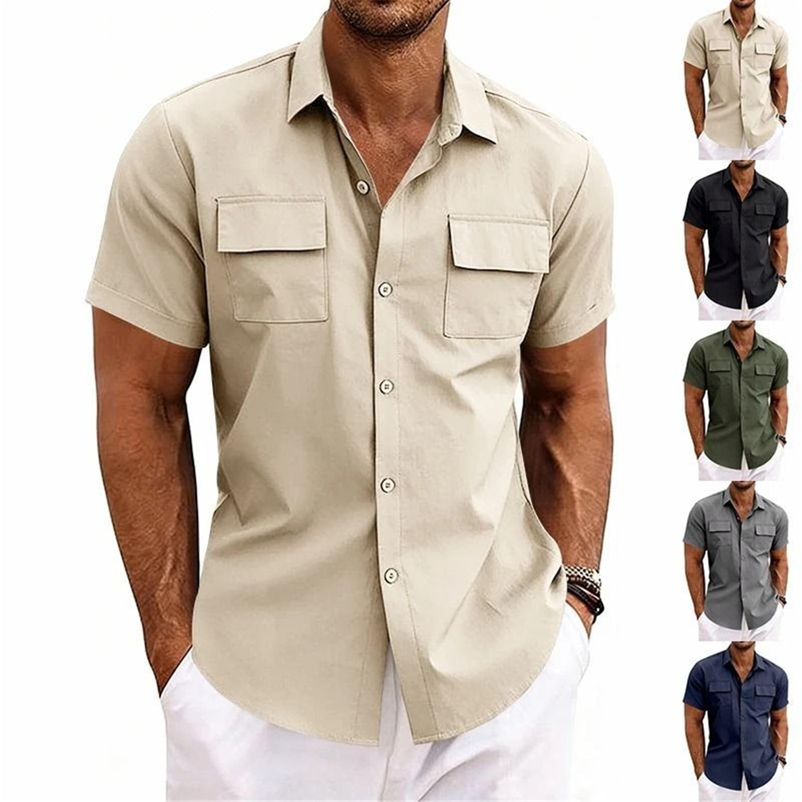 Chemise de Travail Homme, Double Poche Extensible sans Faux Plis Manches Courtes décontractée