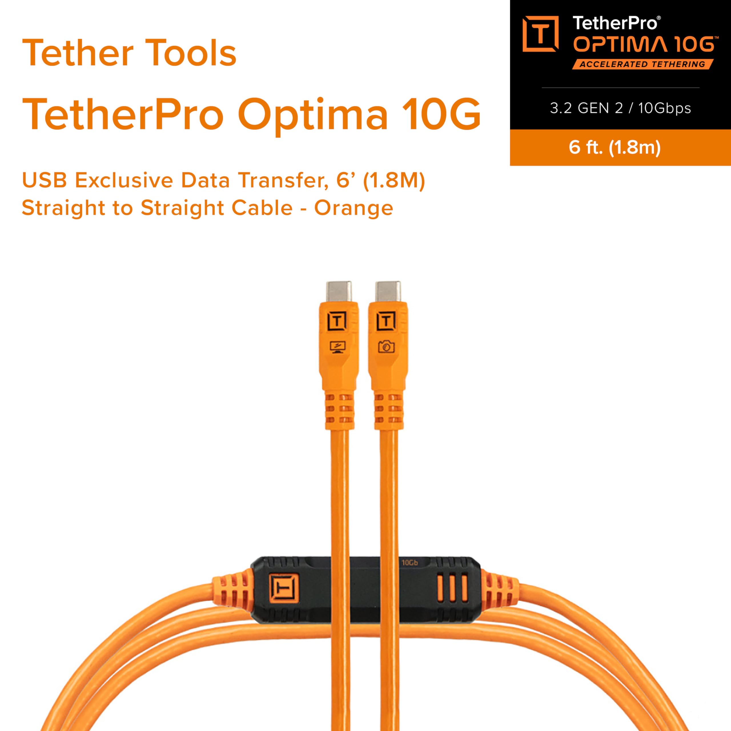 Tether Tools TetherPro Optima 10G USB-C - Transferencia de datos exclusiva, cable recto a recto de 1,8 m, color naranja