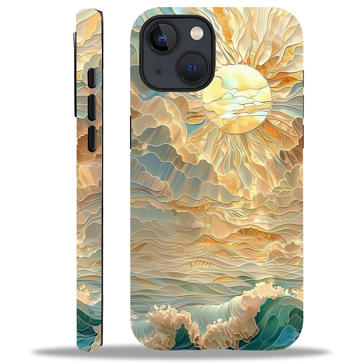 ZHEGAILIAN Case for iPhone 13 iPhone 14,Ocean Waves Sun Rays Stained Glass for 2 in 1 Hard Shell + Soft Silicone,Shockproof Bumper Drop Protective