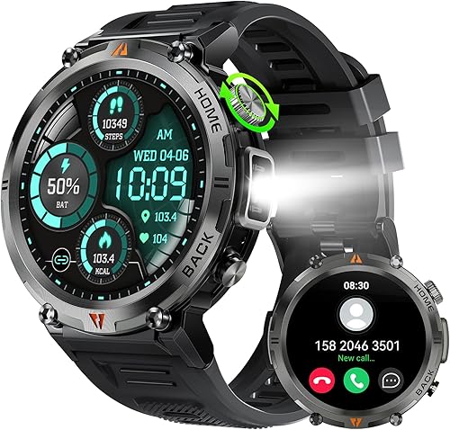 Reloj inteligente militar para hombre con linterna LED, 1.45 pulgadas HD resistente reloj inteligente táctico al aire libre (recepción de