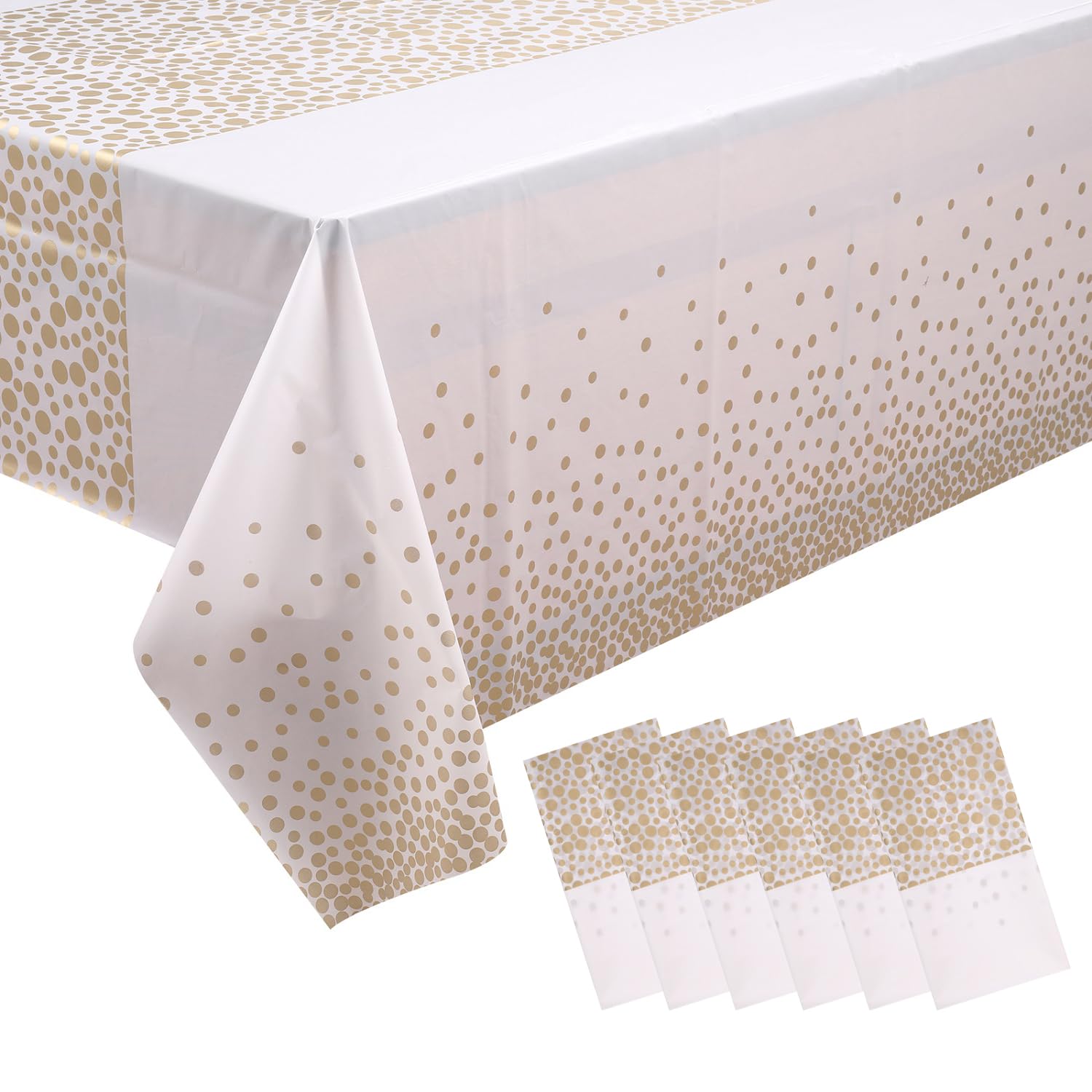 Trimming Shop 54" X 108" Polka Dots Disposable Plastic Table Cover - Waterproof Rectangular Dining Table Liner, Wipe Clean Kitchen Tablecloth Protector, White With Gold Polka Dot, Pack of 6