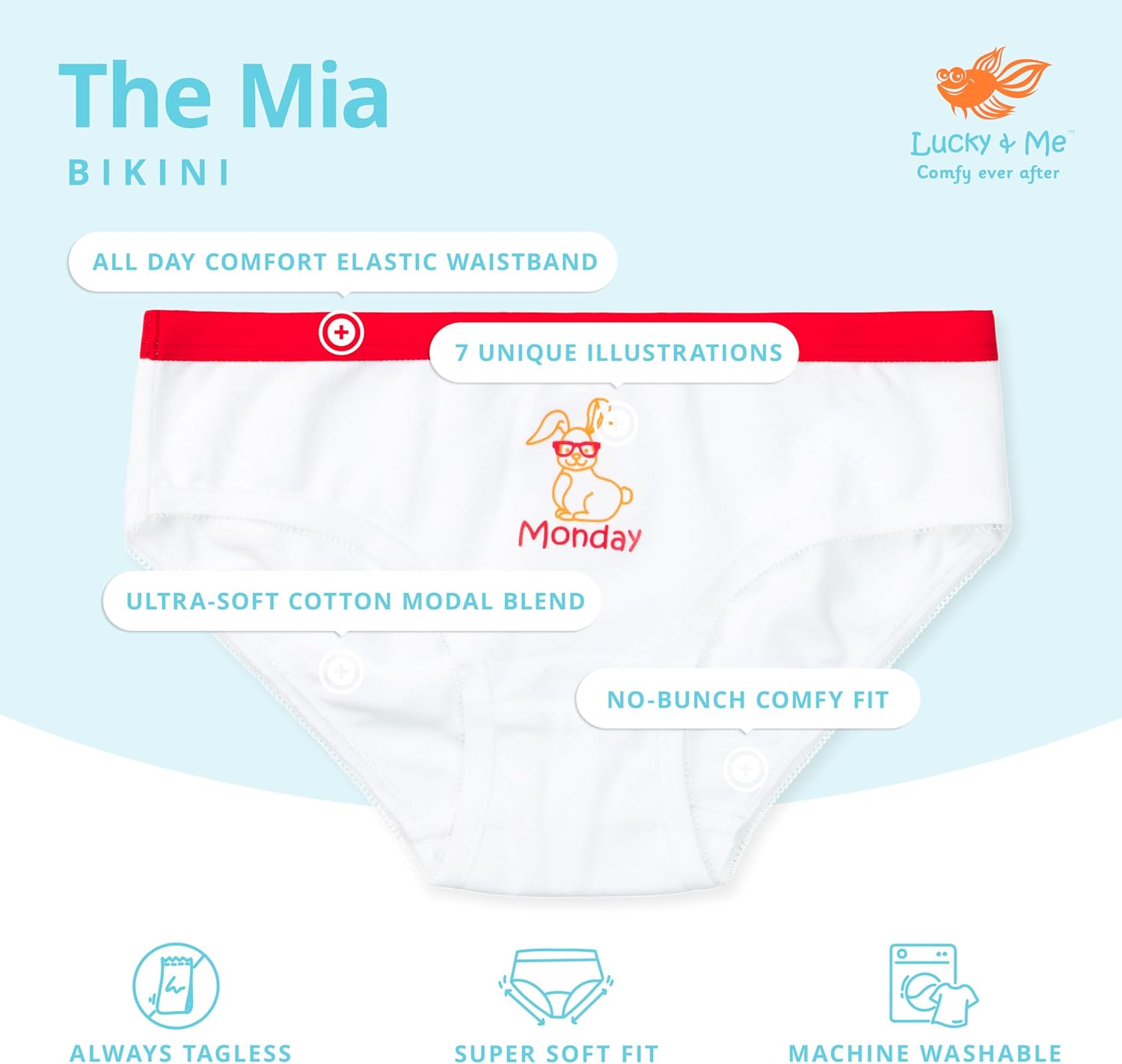 Lucky & Me | Mia Girls Tagless Bikini Underwear | 7 Pack with One for Each Day of the Week