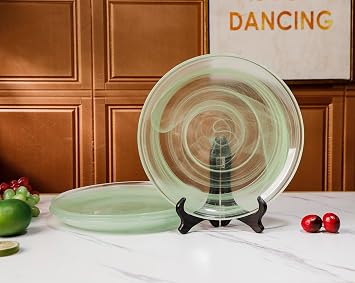 MAGCOLOR Dinner Plates Set of 4-10.2 Inch Glass Plates- The Dessert, Salad, Appetizer, Small Lunch, etc Plate, Microwave, Oven and Dishwasher Safe, Green cloud mist style Dishes for Kitchen (Green)