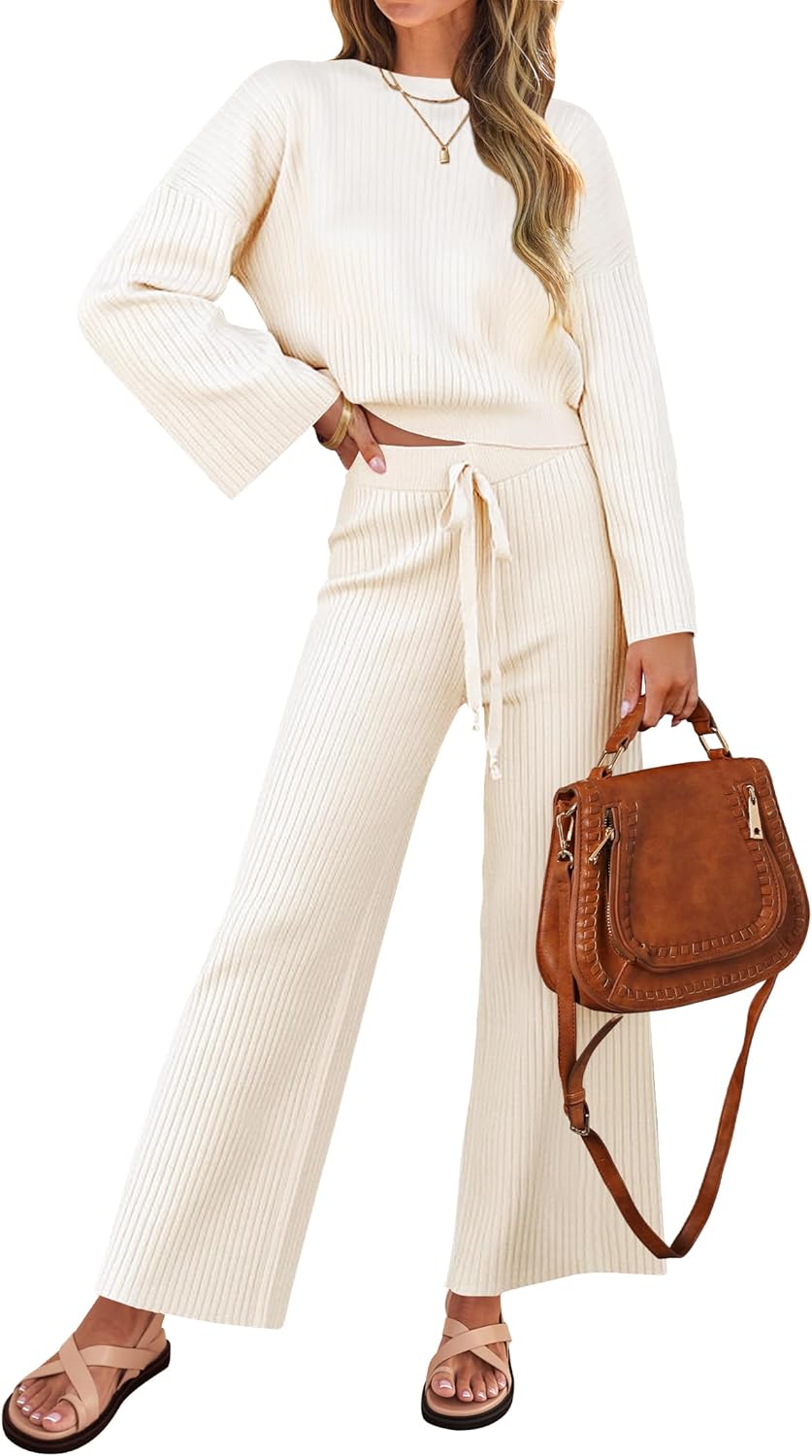 ZESICA Women’s 2 Piece Outfits Set 2025 Casual Long Sleeve Knit Pullover Top and Wide Leg Pants Sweatsuit Lounge Sets
