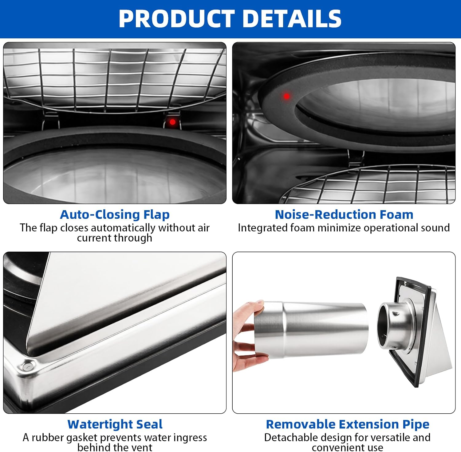 4 Inch Dryer Vent Cover Outside, Stainless Steel Exterior Wall Exhaust Vent with Screen and Damper, Removable Extension Pipe for Dryer Ventilation & Outdoor Air Exhaust