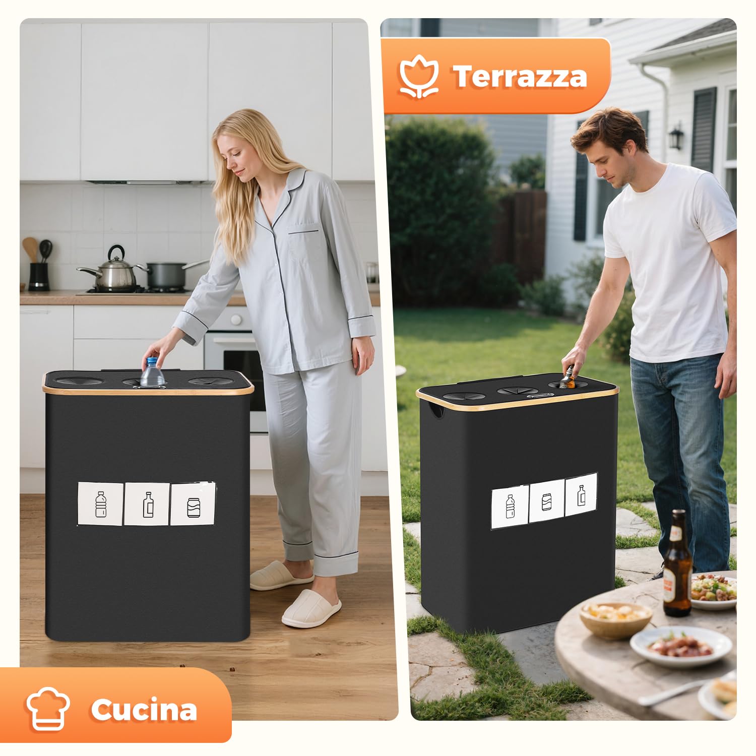 OUSFOT Raccoglitore di Bottiglie, 170L Contenitore per Pegni con Coperchio 3 Scomparti Neroper Cucina Adatto per la Cucina,Soggiorno
