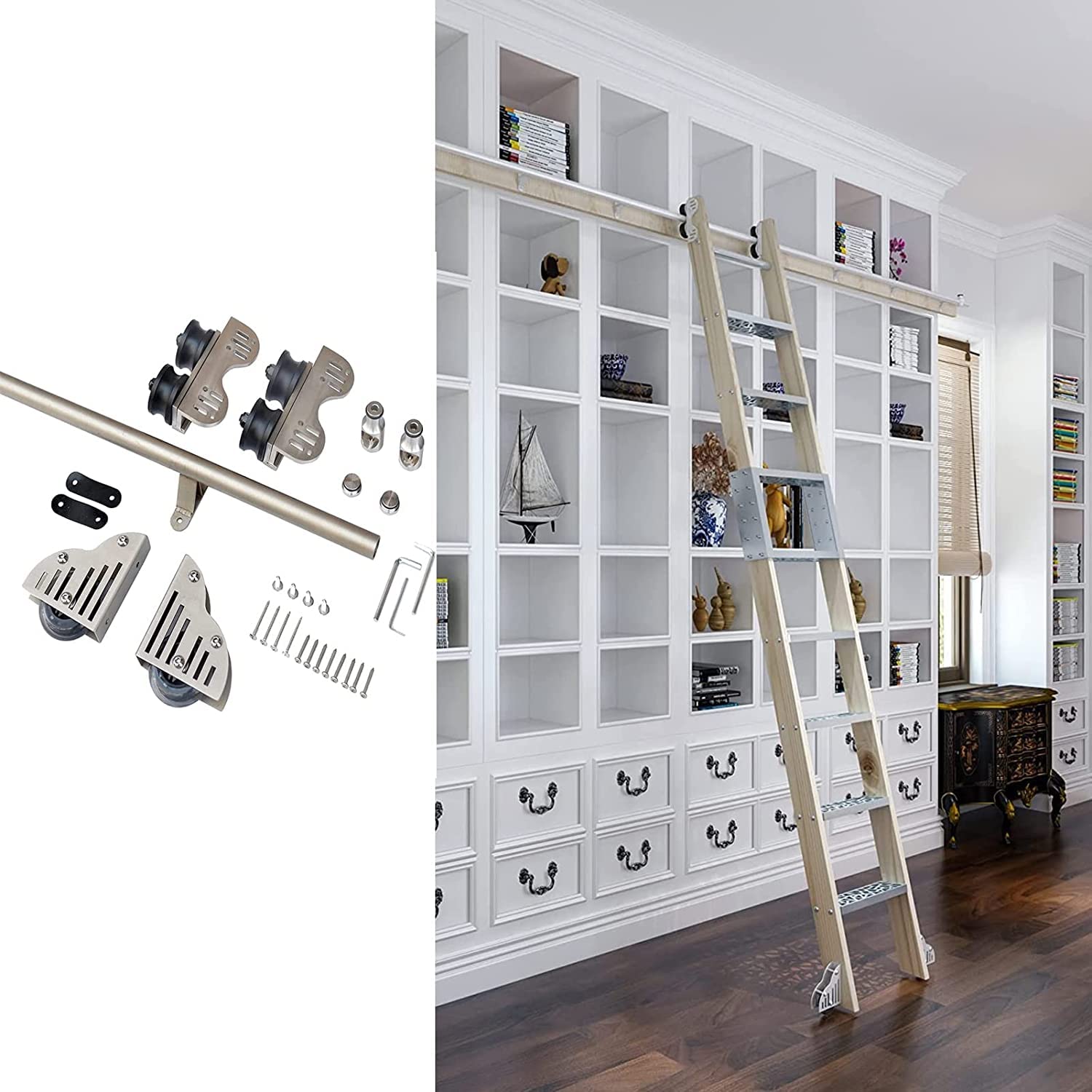 Rail d'échelle mobile rustique pour grand salon et bibliothèque murale en bois